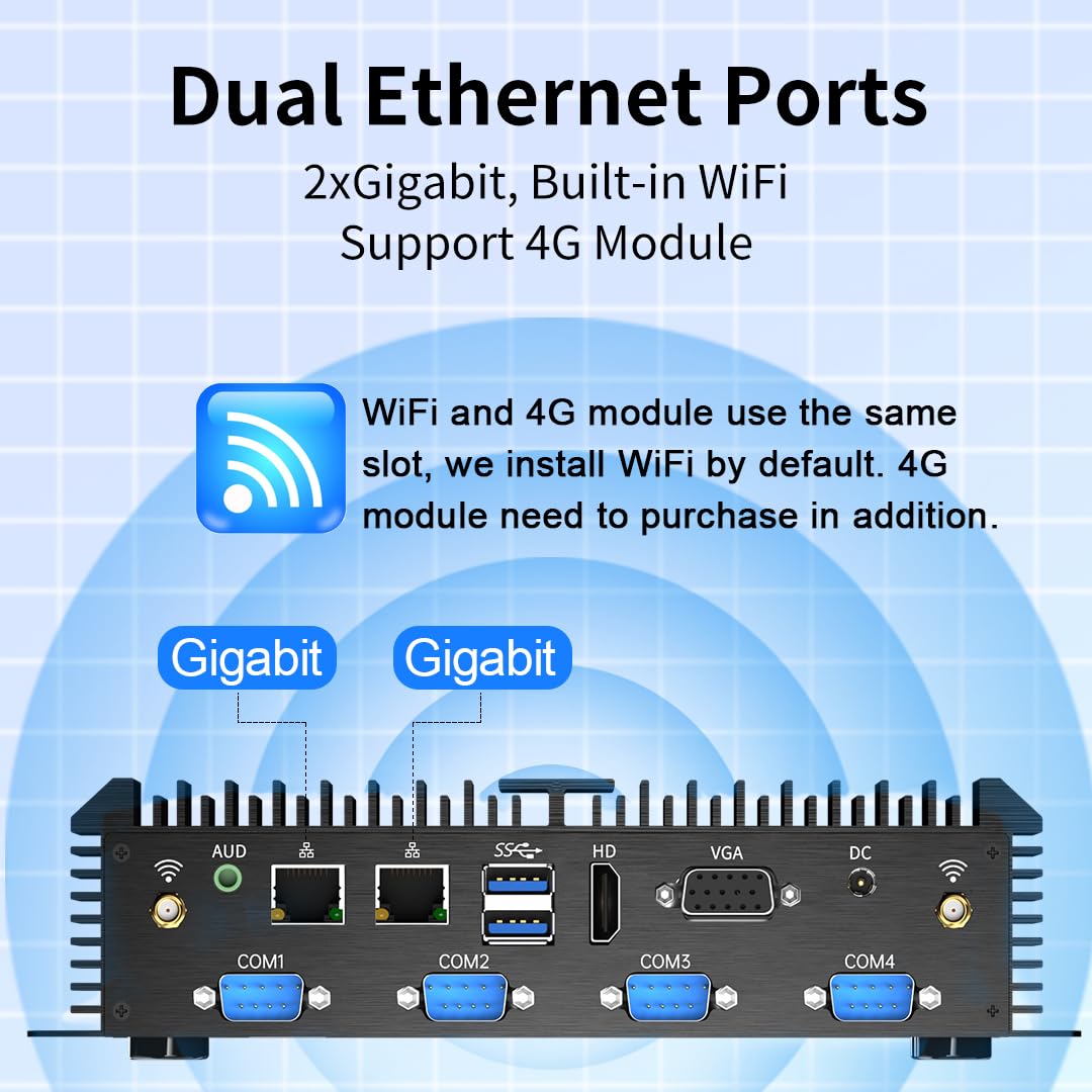Fanless Mini PC with Intel Core i7-5500U, 16GB RAM & 512GB SSD - Industrial Computer with HDMI/VGA, 6x RS232 Ports, Dual LAN, WiFi - Supports Dual Display & WOL (Windows 10 Pro) - Perfect for Industrial Automation, Digital Signage & Office Workstations