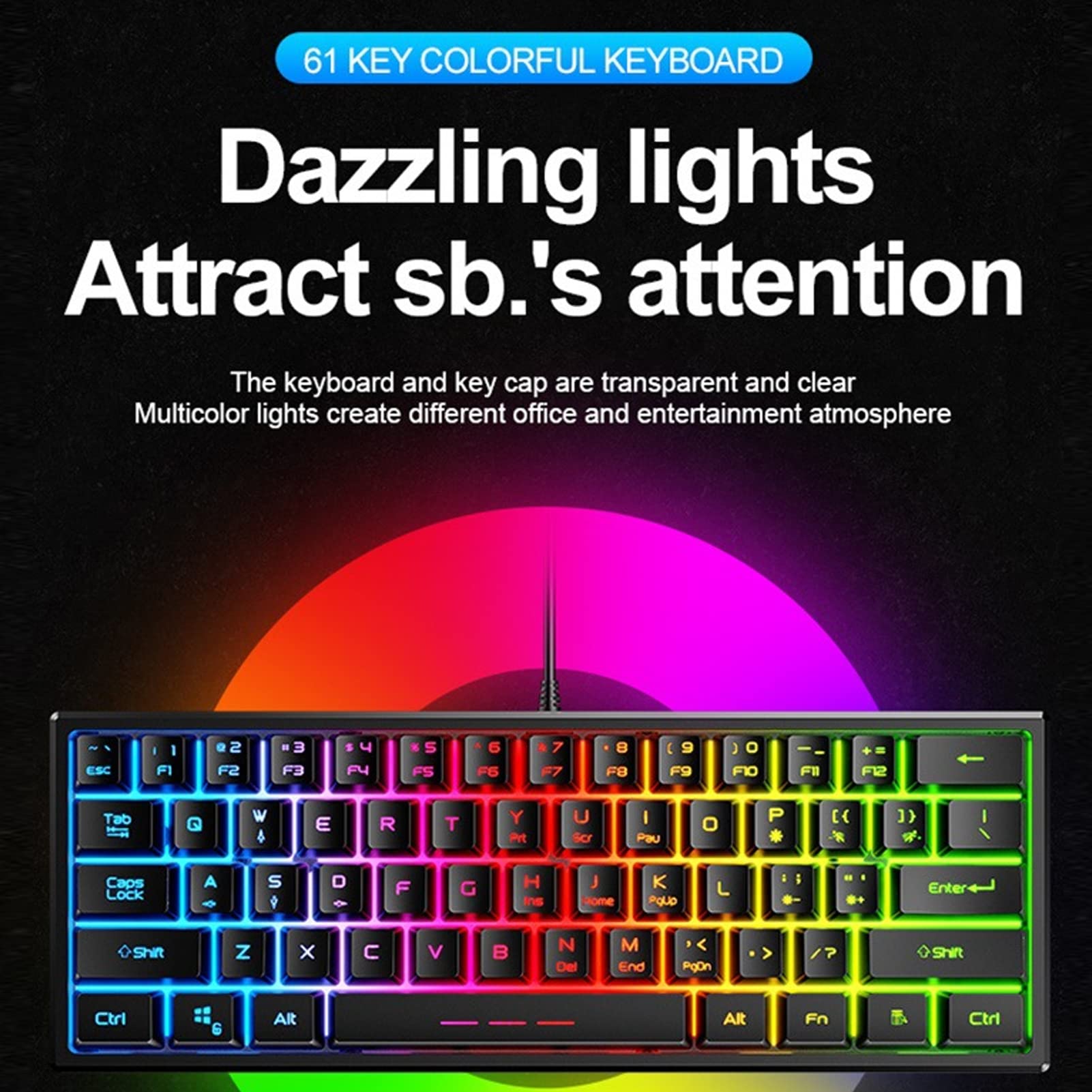ASHATA 61-Key RGB Backlit Wired Mechanical Gaming Keyboard - USB Plug & Play for PC, Laptop - Perfect for Home Office Work & Gaming (Black)