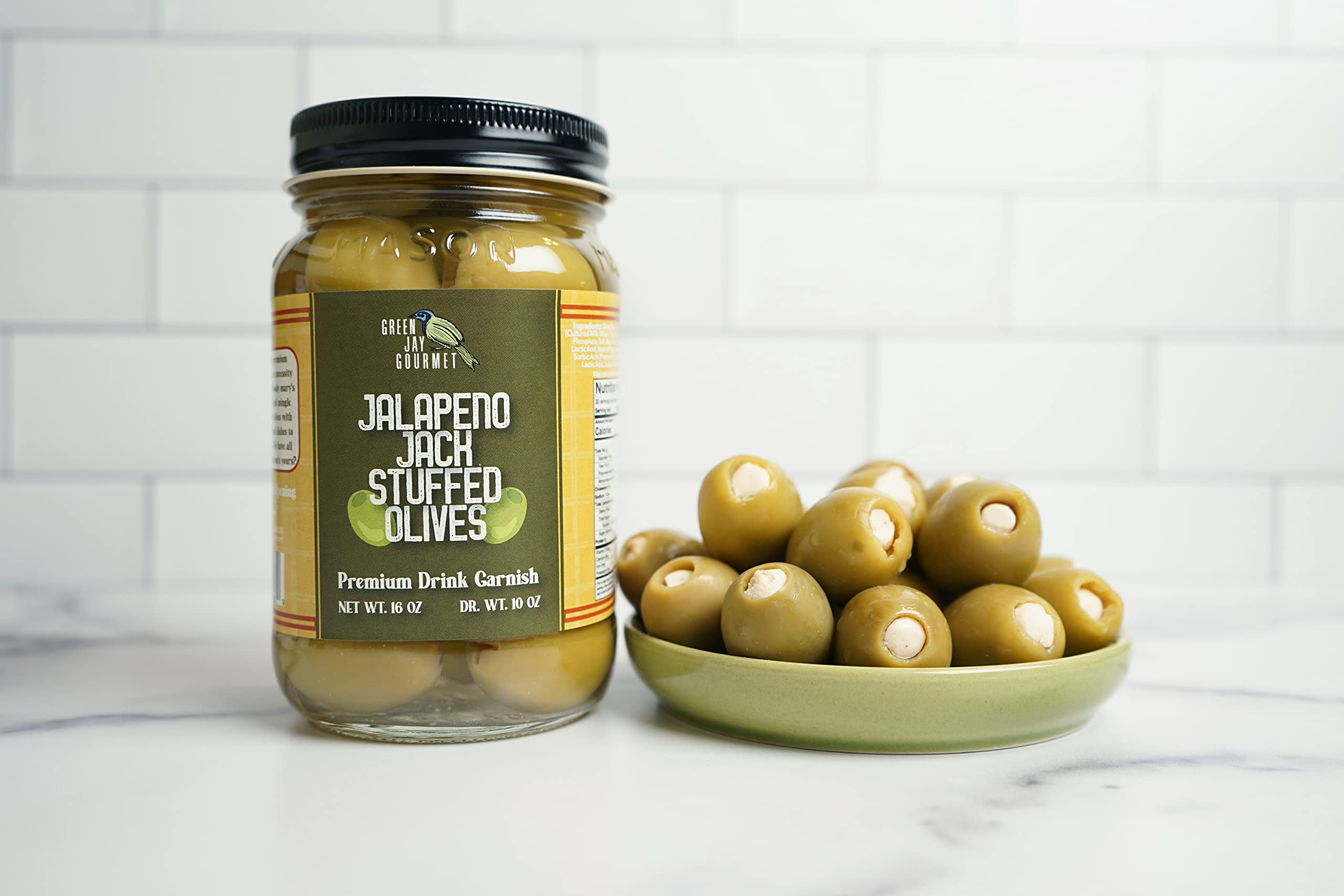 Premium Green Jay Gourmet Jalapeño Jack Cheese Stuffed Olives - All Natural Large Pitted Olives (16oz) for Dirty Martinis, Charcuterie Boards & Cocktail Garnish - Perfect for Parties, Gifts & Gourmet Snacking