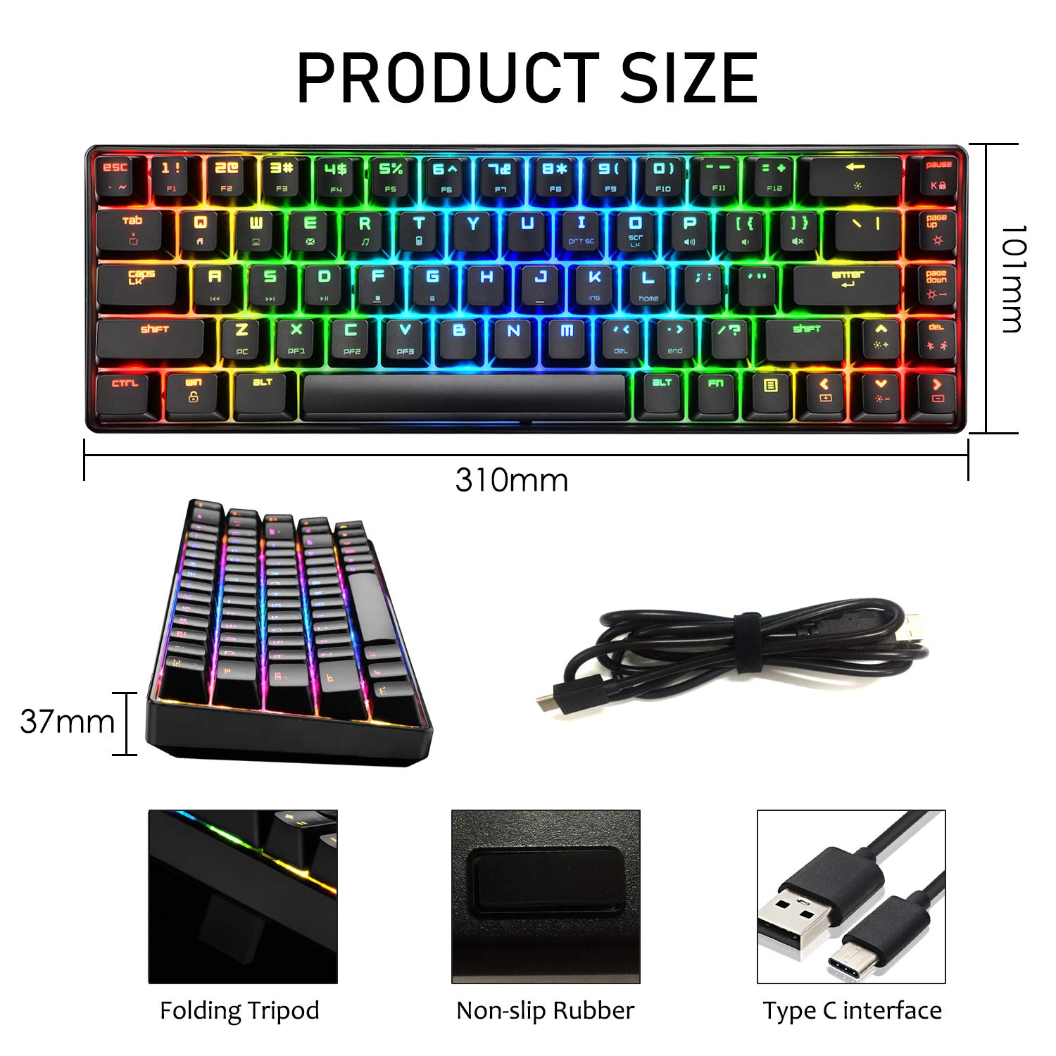 60% RGB Mechanical Gaming Keyboard - 68 Keys, USB Type-C, Waterproof for PC Gamers