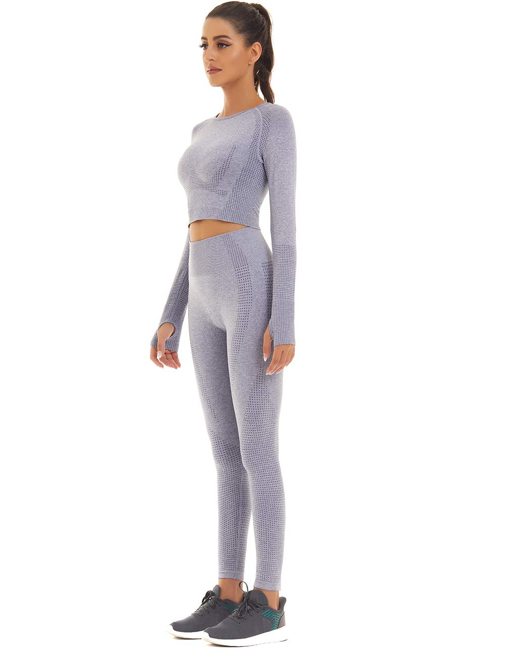 Women's Seamless Workout Outfits - Athletic Yoga Set with High Waist Leggings & Long Sleeve Top (2 Piece) for Gym, Running, Pilates & Lounge Wear