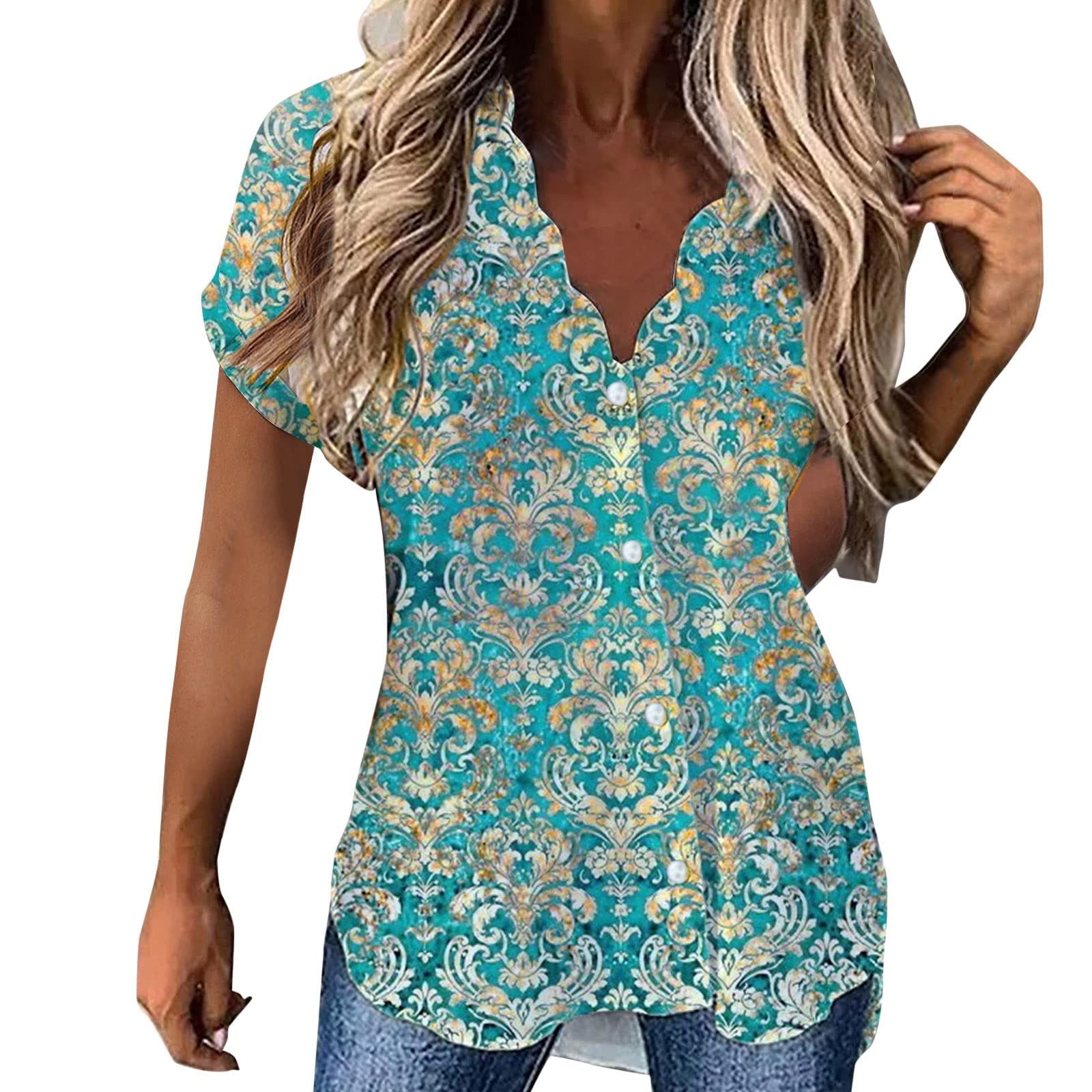 Women's Floral Draped Open Front Cardigan - Casual Short Sleeve Blouse with Ruffles Hem & Button Closure - Lightweight Summer Tops for Work, Date Night & Beach Cover-Up