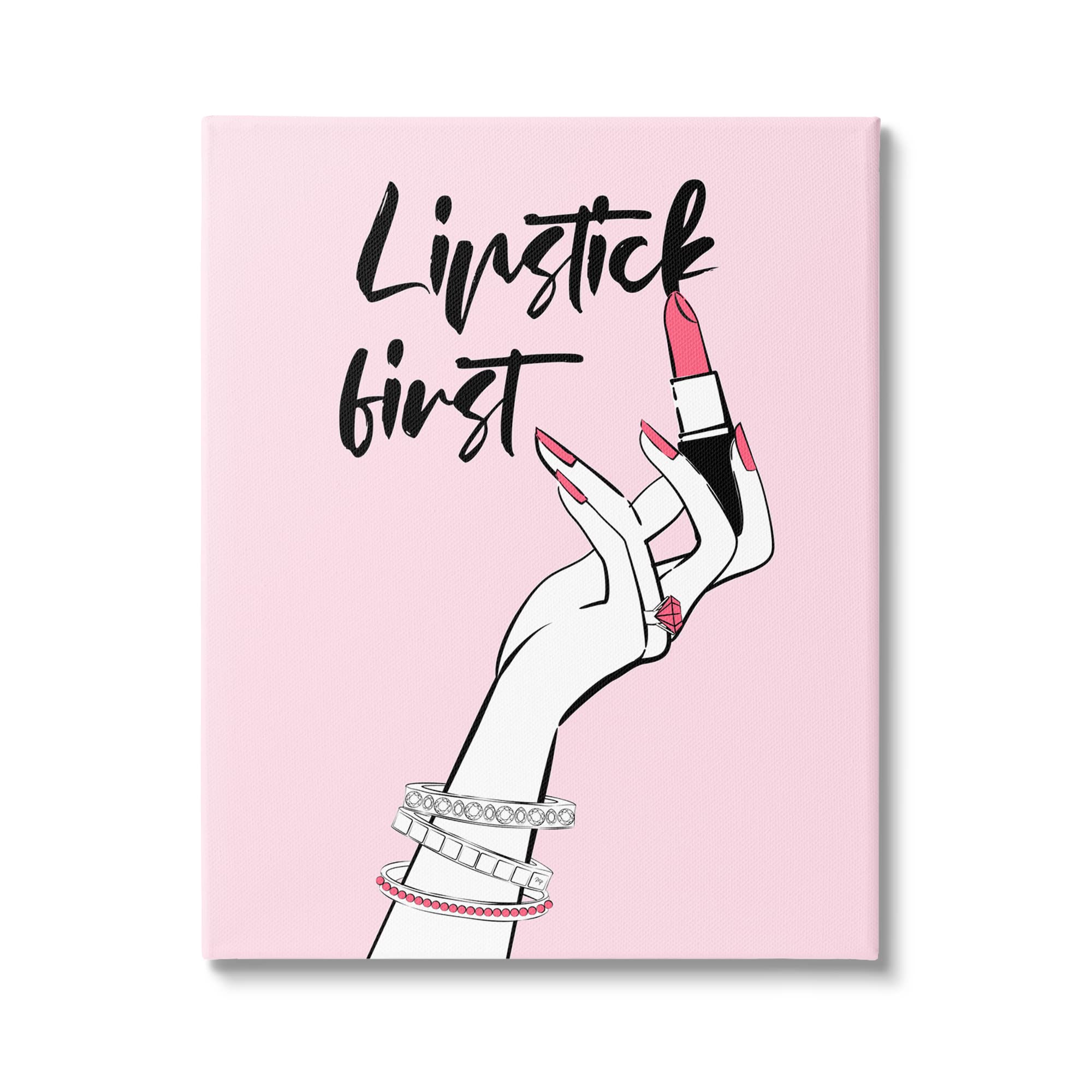 Stupell Industries Lipstick First Makeup Calligraphy Wall Art - Glamorous Phrase Jewelry Accessories Decor by Martina Pavlova - Perfect for Vanity, Dressing Room & Bathroom Decor