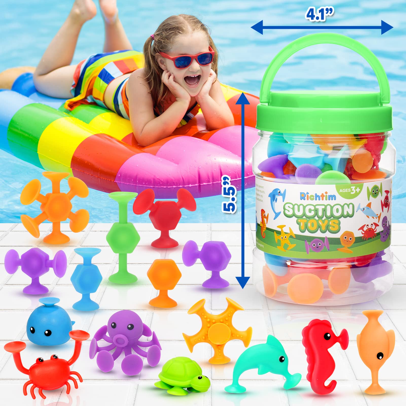 24-Piece Silicone Ocean Animal Suction Bath Toys for Kids - Sensory Window Toys with Storage Bag, Perfect for Toddlers, Indoor & Outdoor Play, Travel, Autism Therapy, and Party Favors | Fun Bathtime & Sensory Play Activity