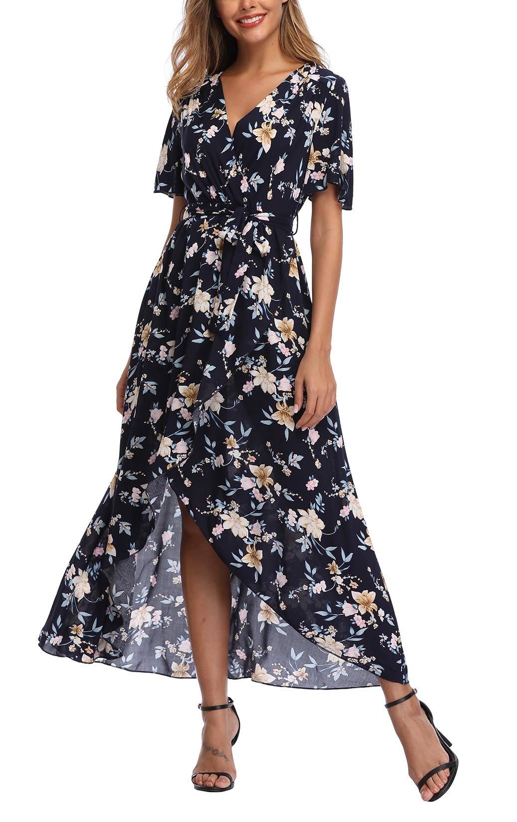 Boho Floral Maxi Dress for Women - Short Sleeve Wrap Summer Beach Dress with Side Slit | Perfect for Beach Vacations, Pool Parties & Tropical Getaways