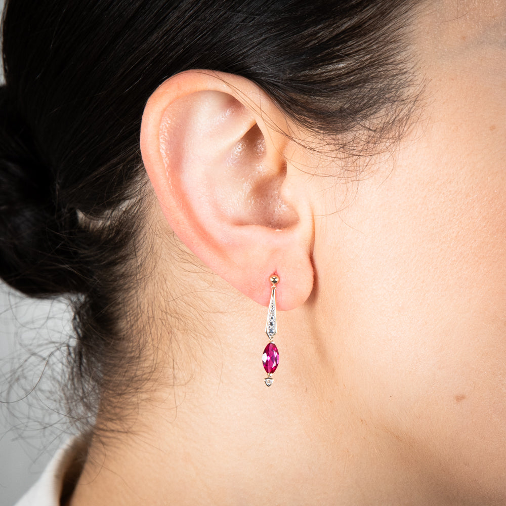 9ct Yellow and White Gold Created Ruby and Diamond Drop Earrings | Elegant Dangle Earrings for Women | Perfect for Weddings, Parties & Special Occasions