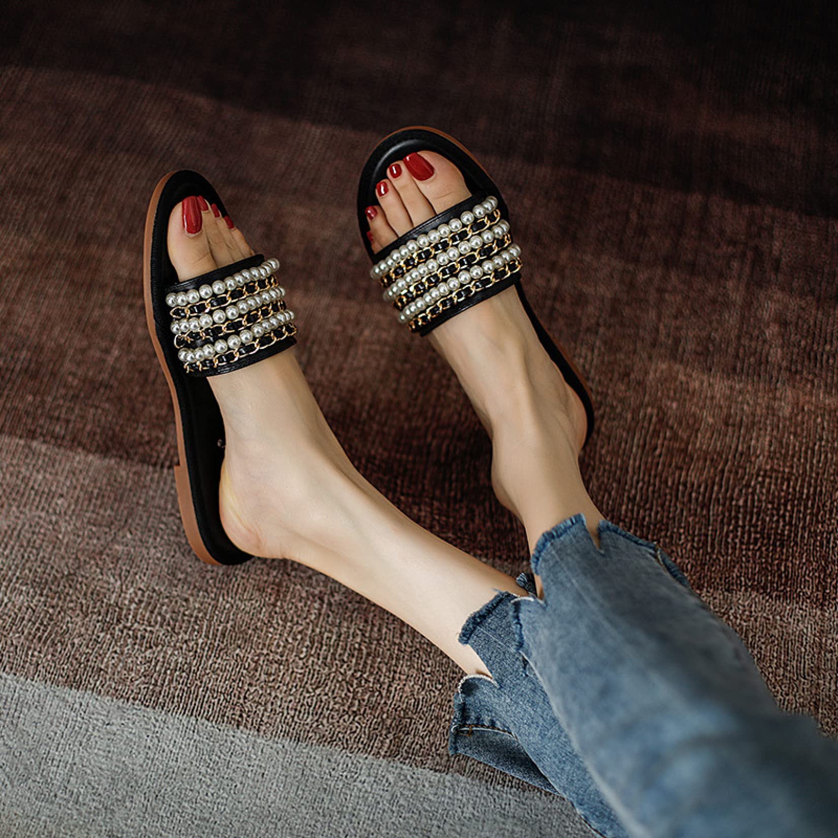 Women's Comfortable Pearl Beaded Flat Slide Sandals - Open Toe Single Band Summer Slippers for Beach, Vacation and Casual Wear