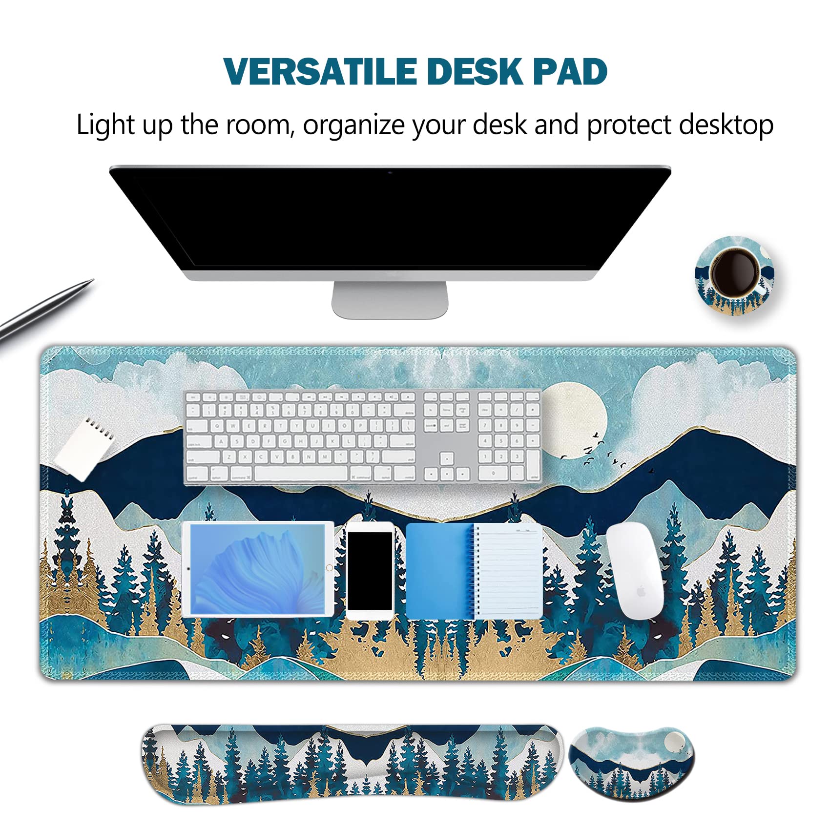ARTSO Large Gaming Mouse Pad Set - Extended Mousepad (35x15.5in) with Keyboard Wrist Rest & Mouse Wrist Cushion, Non-Slip Desk Mat with Coaster - Abstract Mountain Design for PC Gaming & Office Work