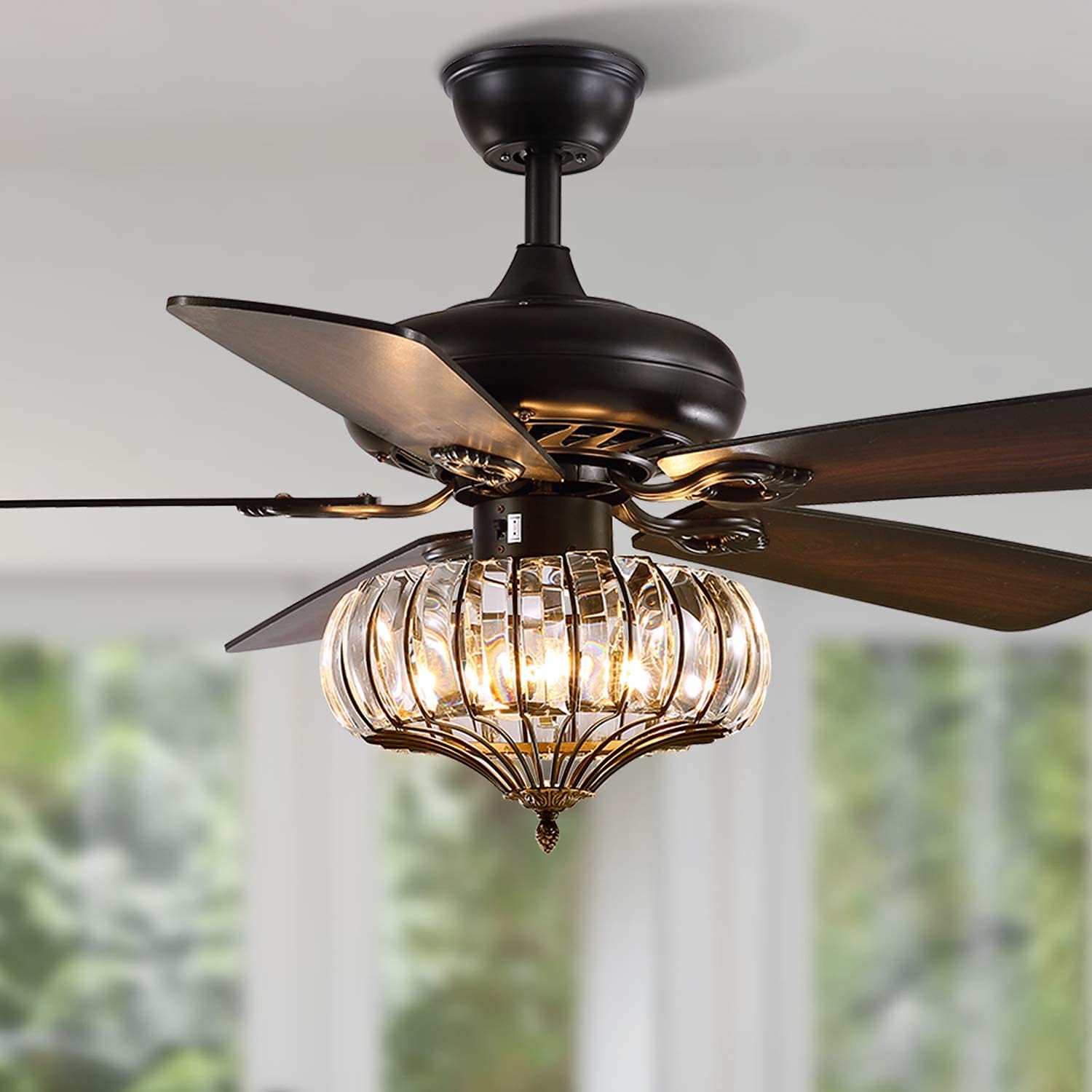 Vintage Chandelier Ceiling Fan with LED Lights & Remote Control - Crystal Lampshade Fandelier for Living Room, Bedroom, Dining Table & Kitchen Island | Silent Motor, Stylish Lighting for Home Decor & Relaxation