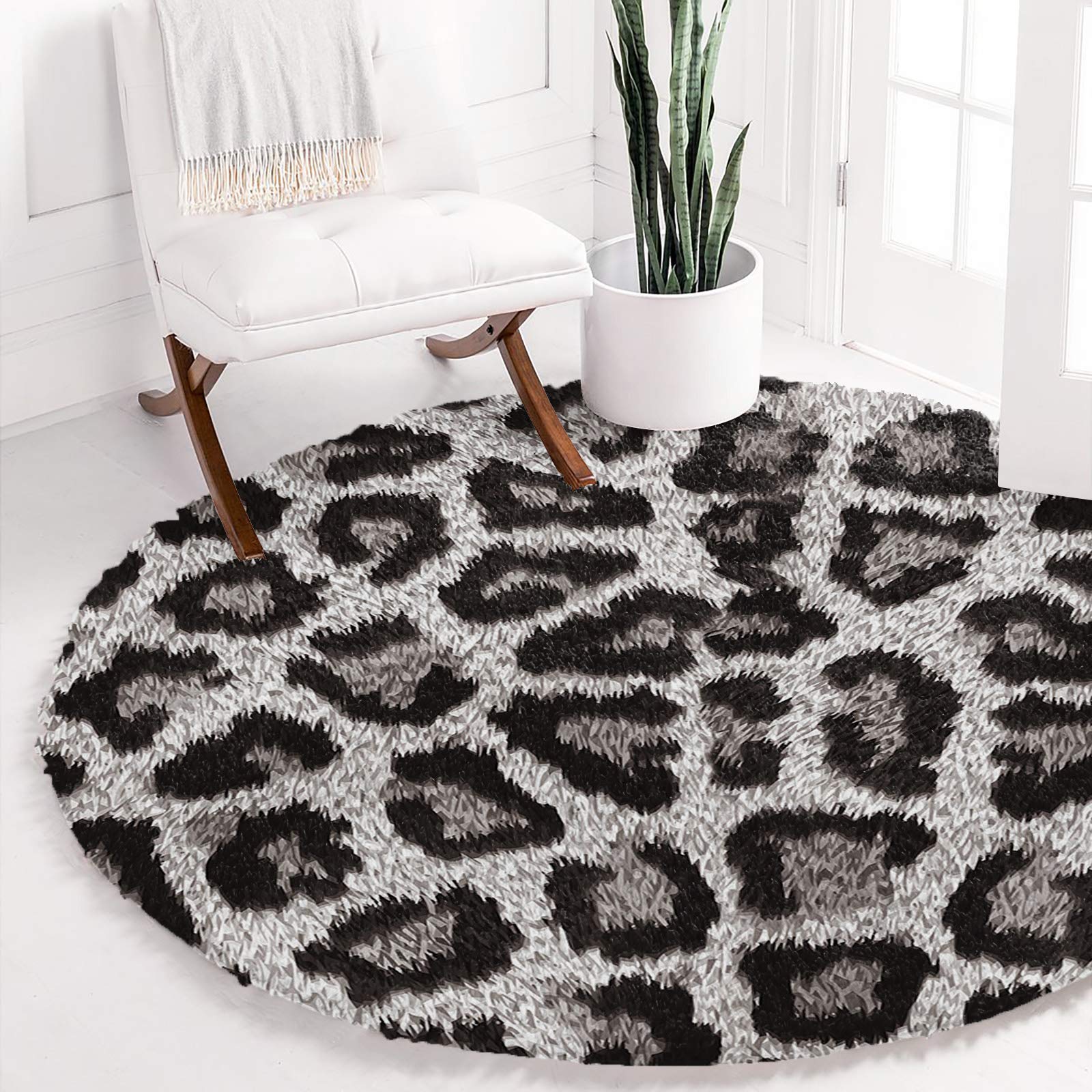 Fluffy Round Area Rug 3.3ft - Soft Leopard Print Cheetah Shaggy Carpet | Non-Slip Fuzzy Circular Floor Mat for Living Room, Bedroom, Nursery | Cozy Home Decor Accent for Kids Room, Dorm & Apartment