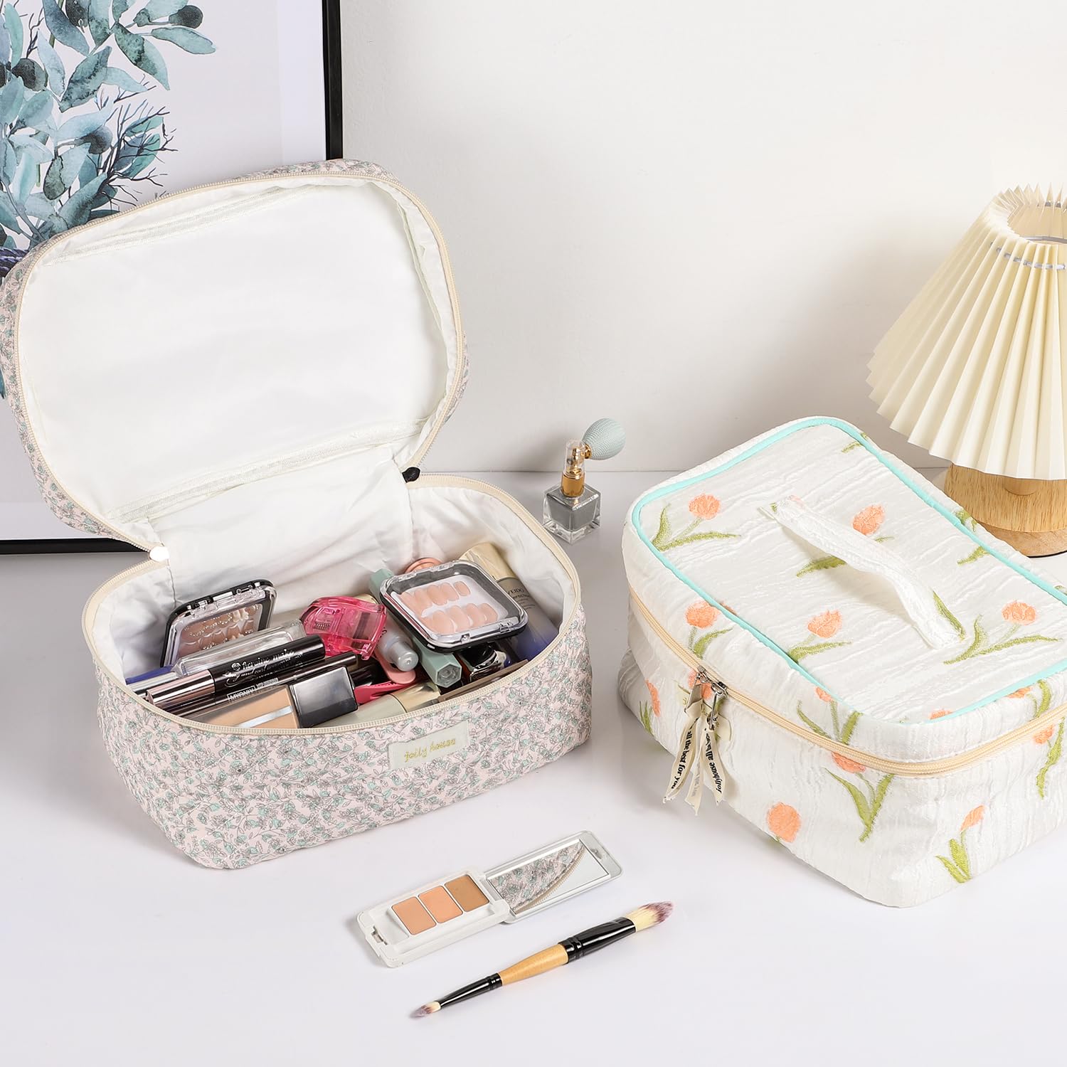 Sightor Large Cotton Quilted Makeup Bag with Handle - Cute Floral Cosmetic & Toiletry Travel Bag for Women (Green) - Perfect for Travel, Gym, and Daily Organizer