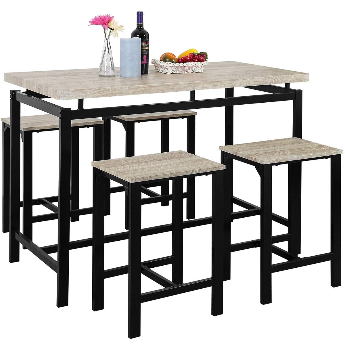 Henf 5-Piece Pub Table Set - Contemporary Bar Height Dining Table & Chairs with 40mm Thick Tabletop - Beige Kitchen Breakfast Set for Home, Restaurant & Outdoor Use