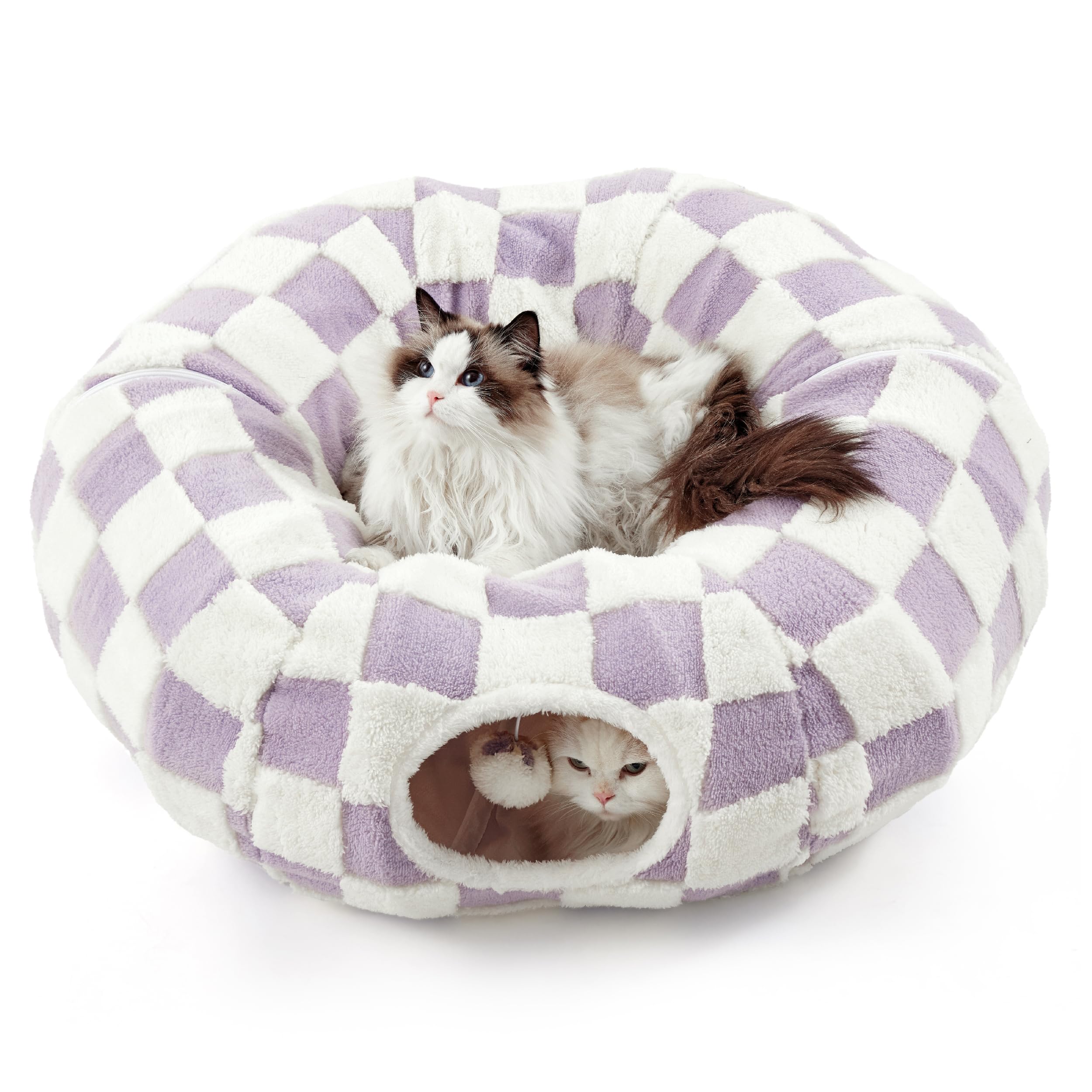 Lesure Cat Tunnel Bed for Indoor Cats - Washable Donut Tunnel with Cushion, Round Peekaboo Hideaway Toy for Kittens, Puppies & Rabbits (Purple) - Perfect for Playtime, Napping & Indoor Pet Adventures