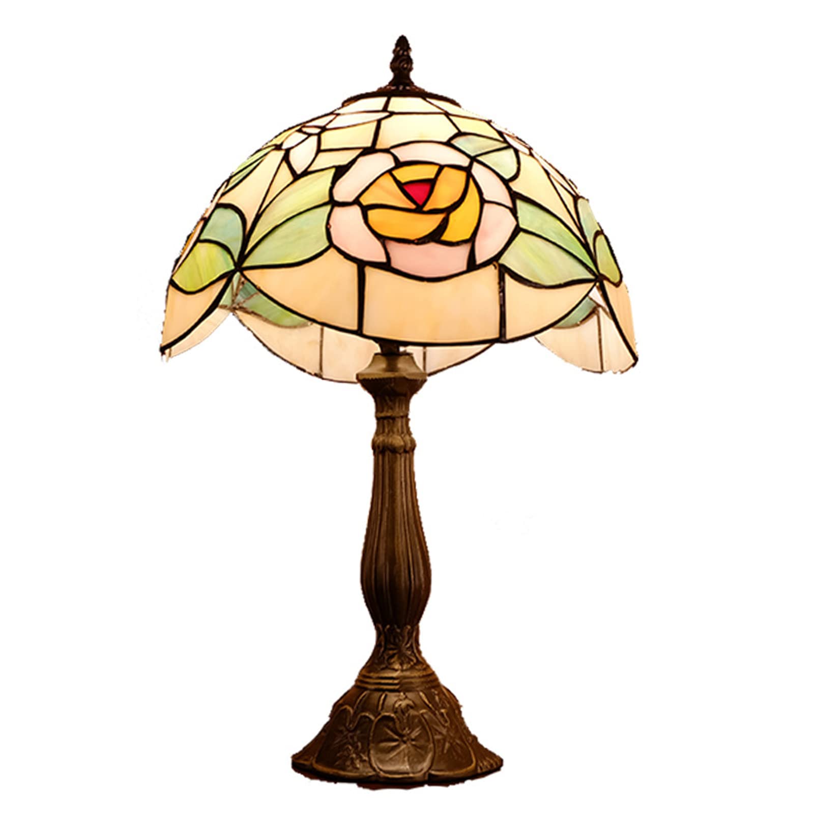 XYYRYS 12-Inch Pink Rose Stained Glass Desk Lamp - Vintage Table Lamp with Retro Pastoral Shade for Home Office, Restaurant & Bar Decor | Study Lighting, Bedroom Nightstand Lamp, Living Room Accent Light