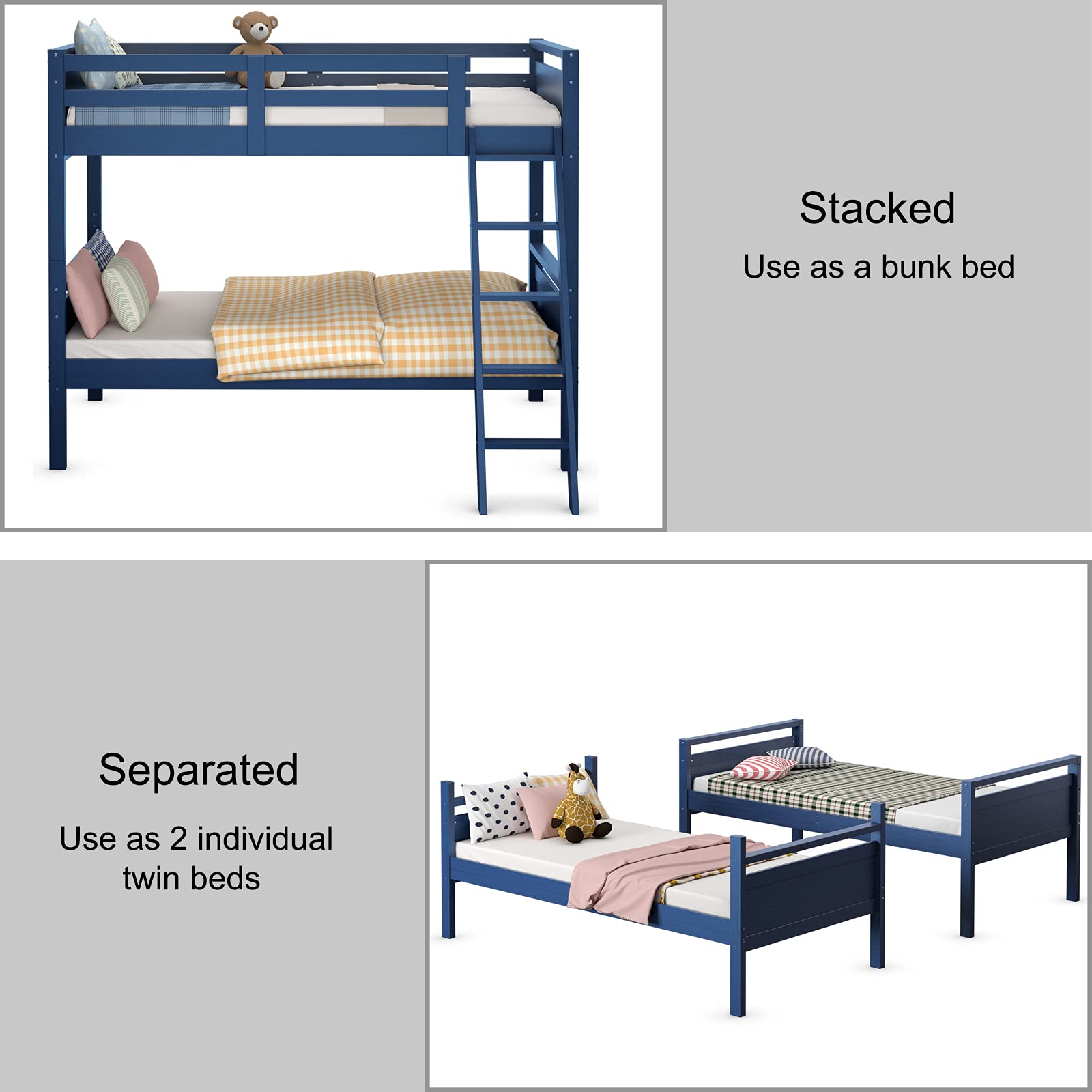 Giantex Solid Wood Twin Over Twin Bunk Bed - Convertible to 2 Separate Beds with Ladder & Safety Rail for Kids, Boys & Girls (Navy Blue) | Space-Saving Bedroom Solution for Siblings, Sleepovers & Small Rooms
