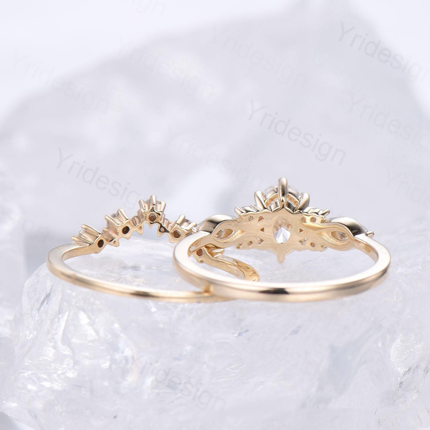 1 Carat Oval Gray Moissanite Engagement Ring Set with Cluster Marquise Cut - Unique Twisted Wedding Band for Women - Perfect for Proposals, Anniversaries & Bridal Jewelry Gifts