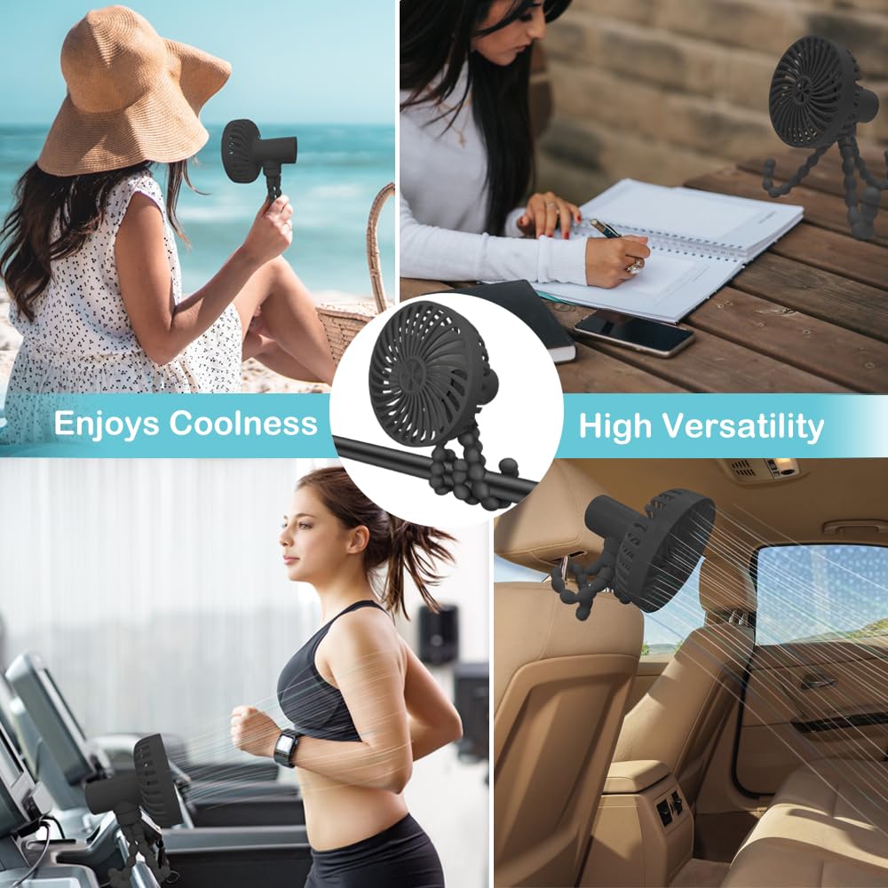 Portable Stroller Fan with Flexible Tripod - USB/Battery Powered Mini Handheld Fan for Baby, Car Seat, Student, Bed, Desk, Bike, Crib, Treadmill - Perfect for Camping, Travel & Outdoor Activities (Black)