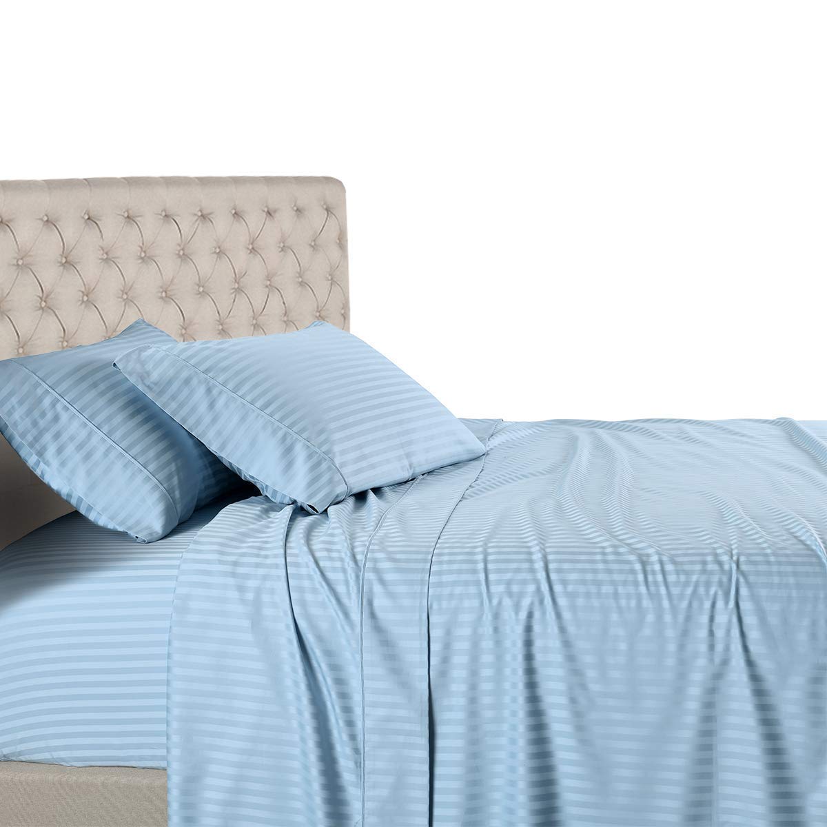 Premium 800 Thread Count King Size Egyptian Cotton Bed Sheets Set - 6 Piece Light Blue Stripe Bedding with Deep Pocket (15