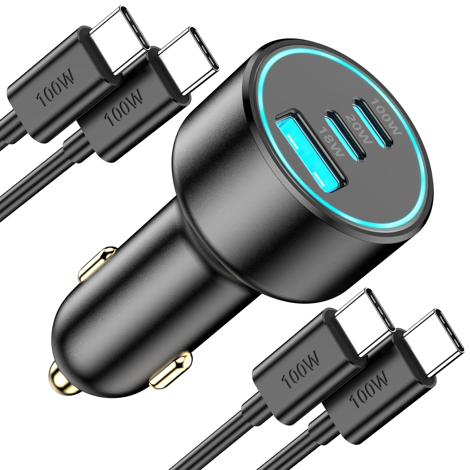 138W Fast USB C Car Charger for iPhone 15 Pro Max - 3-Port Compact Car Adapter with 2x 100W USB C Cables - Compatible with iPhone 15 Series, MacBook Pro, iPad Pro, Galaxy S23 - Perfect for Road Trips & Multi-Device Charging