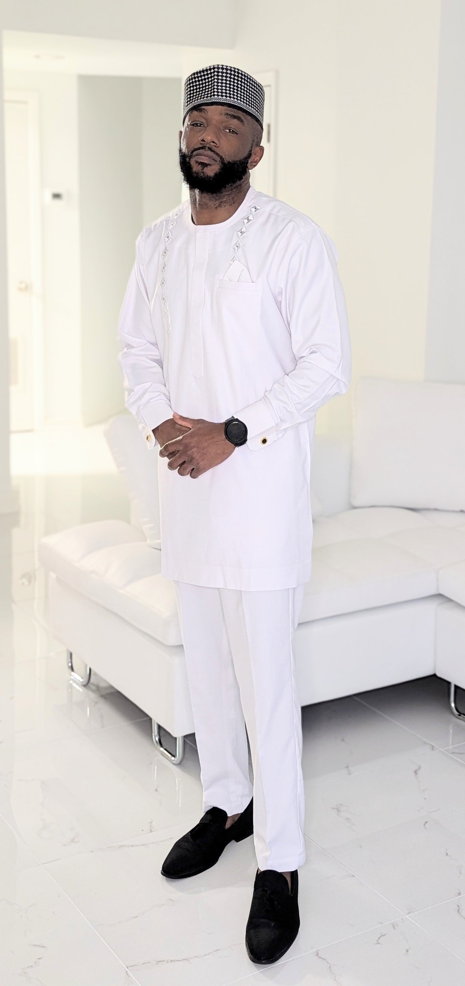 Dupsie's All White Majestic Ezze Senator Dashiki Set with Silver Embroidery & Matching Pants - African Traditional Outfit for Weddings, Parties & Special Occasions (DPAWWS44)