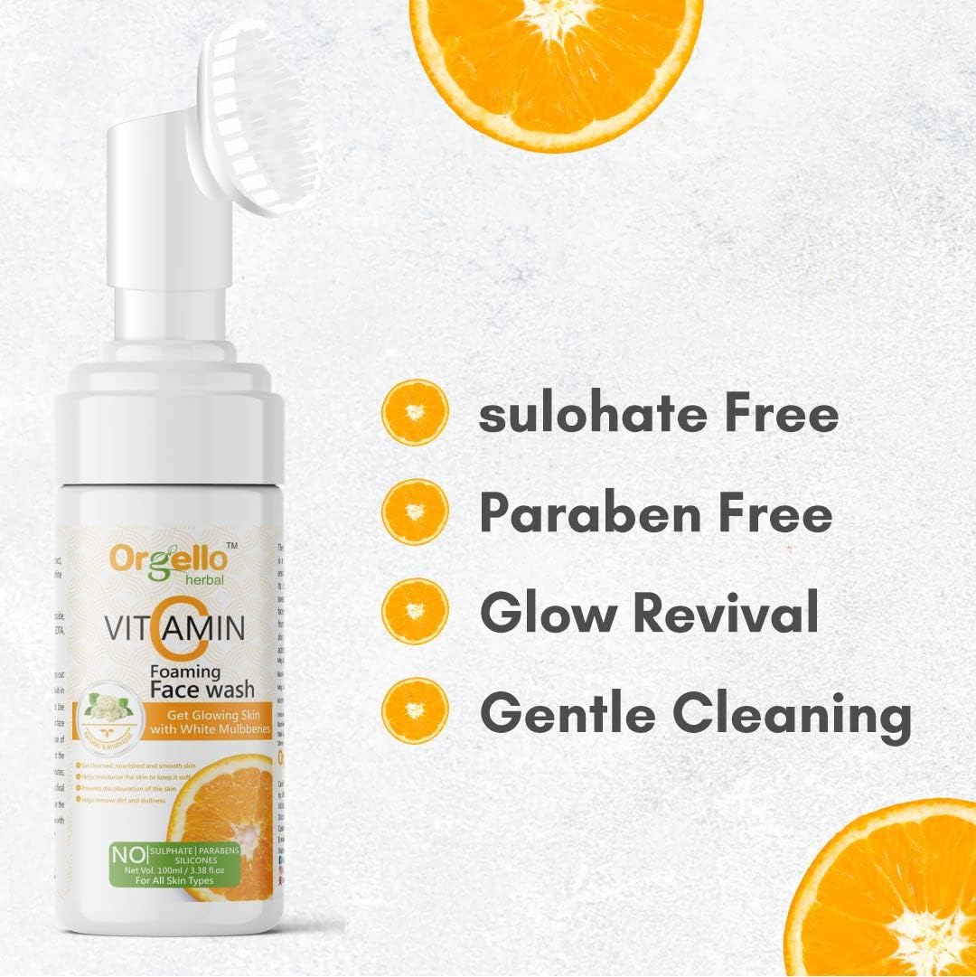 Vitamin C Foaming Face Wash with Brush for Men & Women - Anti-Aging Cleanser for Normal, Oily & Combination Skin | 100ml | Perfect for Daily Skincare Routine & Travel