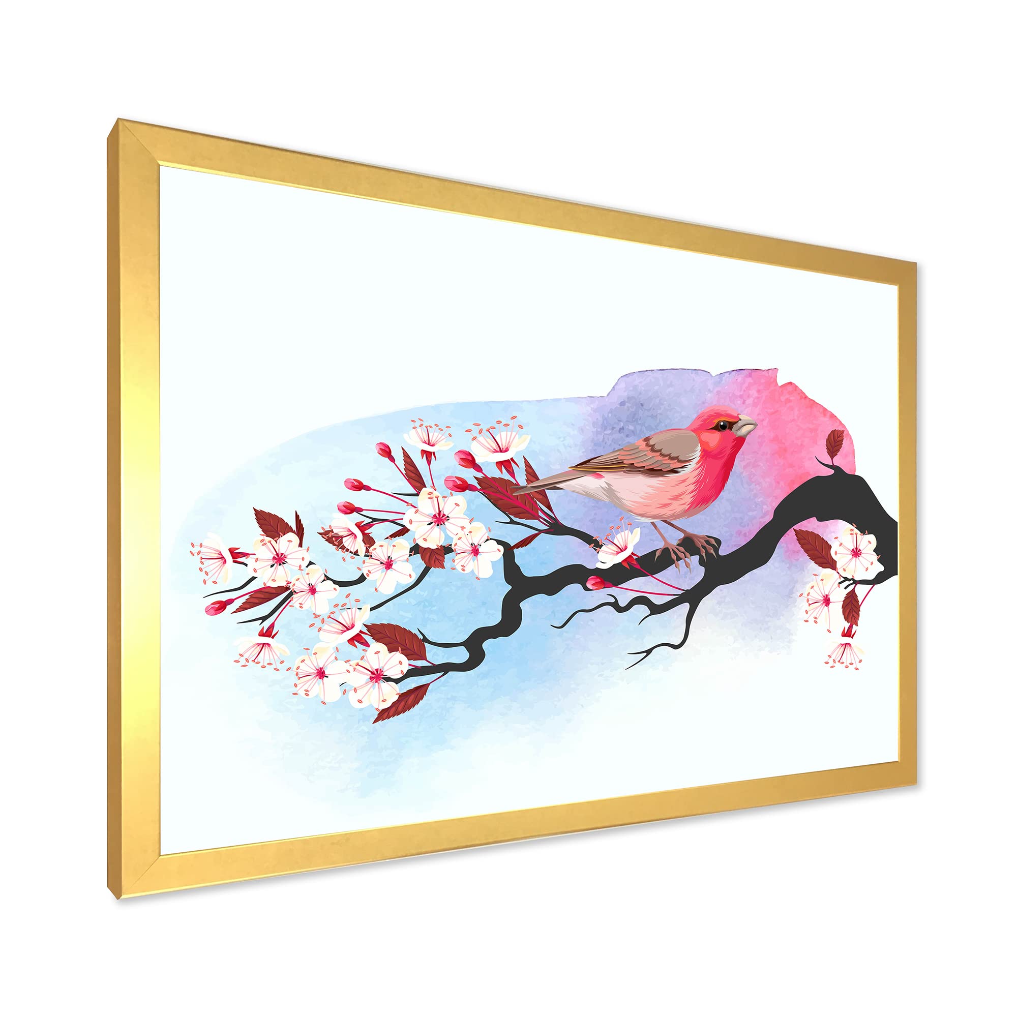 DesignQ Pink Bird on Cherry Branch Traditional Framed Wall Art - Elegant Home Decor for Living Room, Bedroom & Office