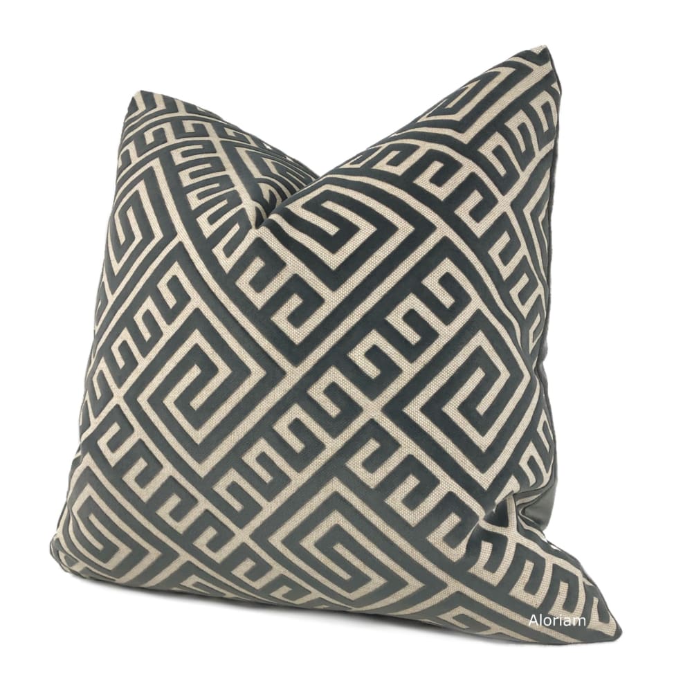 Thebes Charcoal Gray Beige Greek Key Velvet Pillow Cover - Luxury Decorative Throw Pillow Covers for Sofa, Bed, Couch - Home Decor Accent Pillow for Living Room, Bedroom