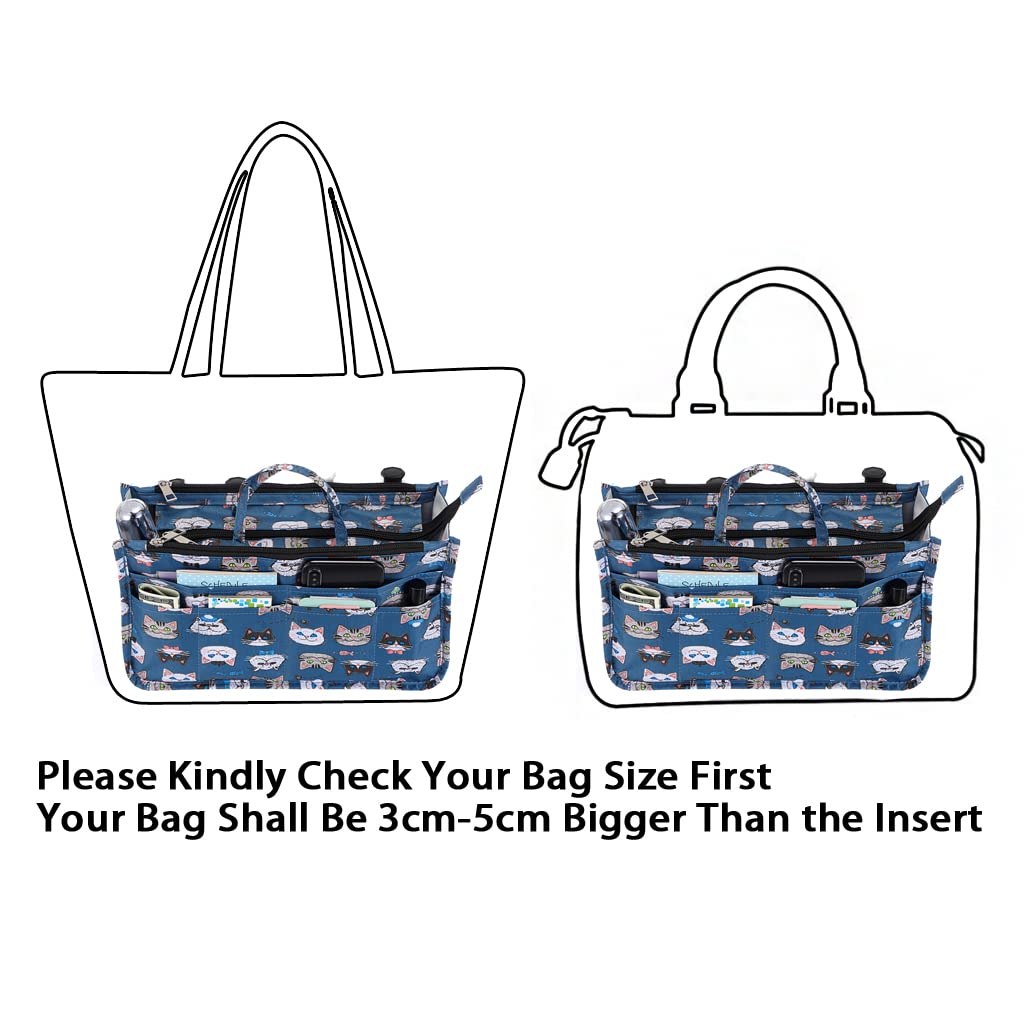 BTSKY Handbag Organizer Insert - 13 Pocket High Capacity Purse Organizer with Handle for Tote Bags | Perfect for Travel, Work, and Everyday Use (Cat Print Design)