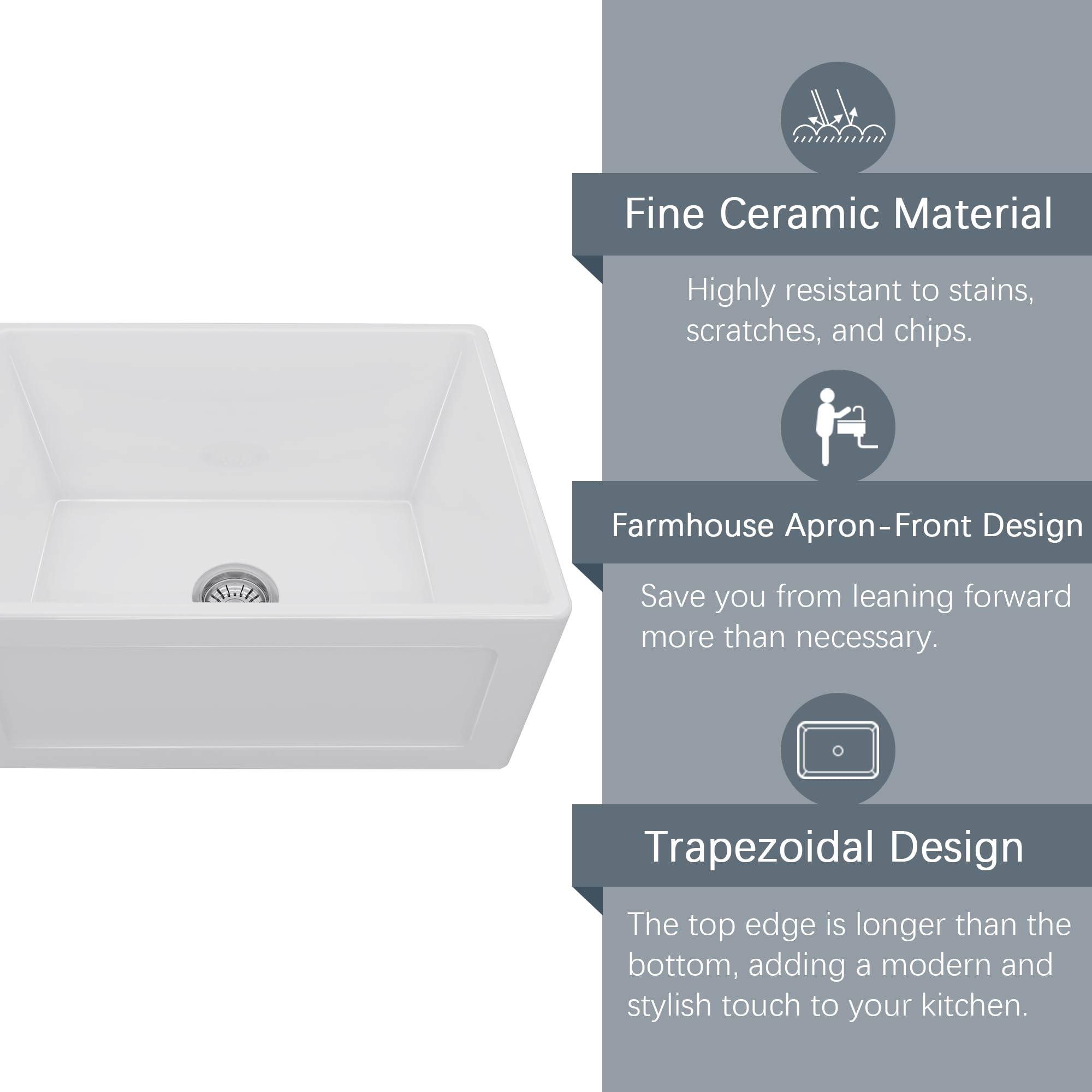 24 Inch White Ceramic Kitchen Sink - Single Bowl Reversible Design with Bottom Grid & Basket Strainer | Durable HERCATE Sink for Modern Farmhouse, RV & Small Kitchen Remodeling