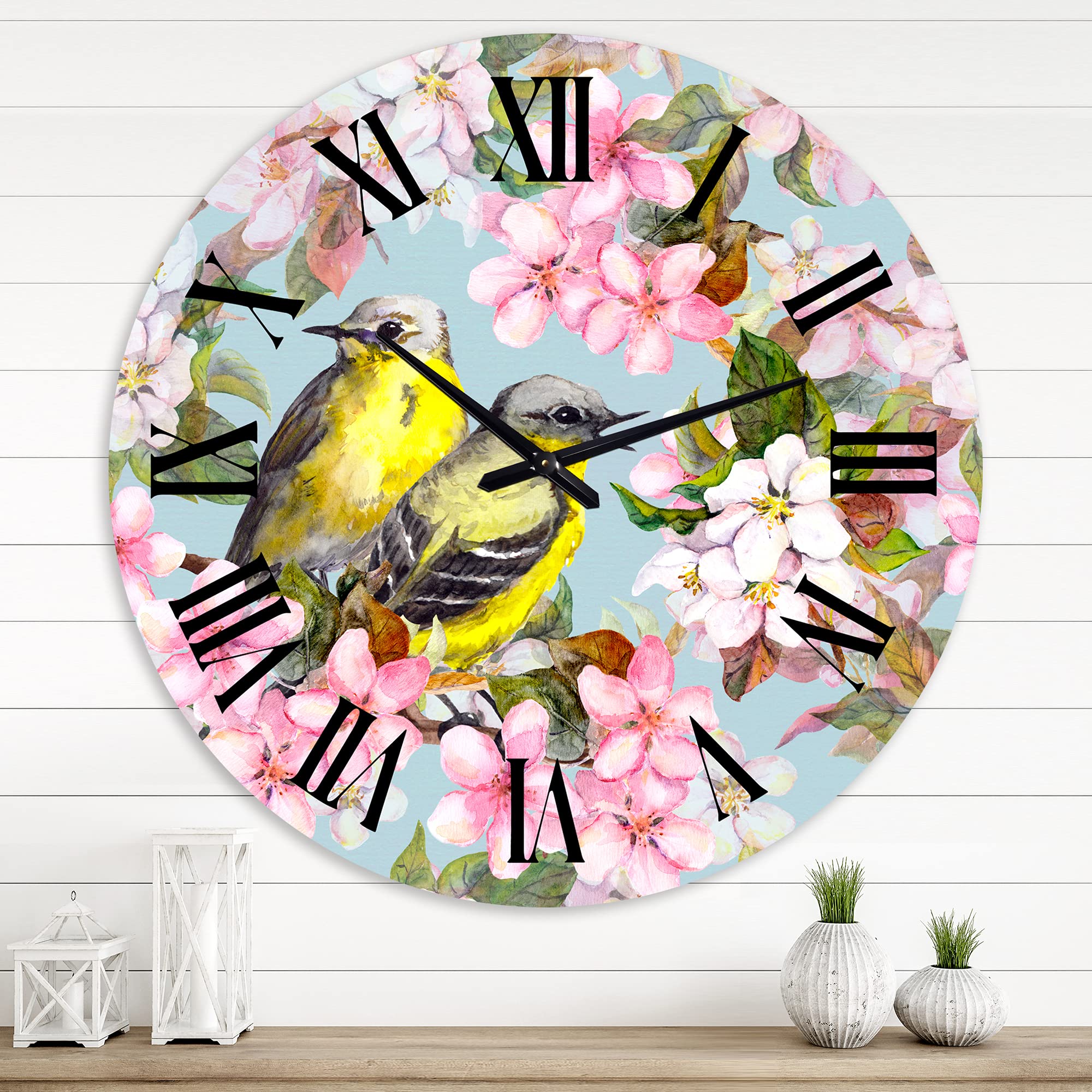 DesignQ Traditional Wall Clock - Pink Cherry Sakura & Apple Flowers with Birds II - Large Decorative Clock for Kitchen, Living Room, Bedroom - Perfect Home & Office Décor