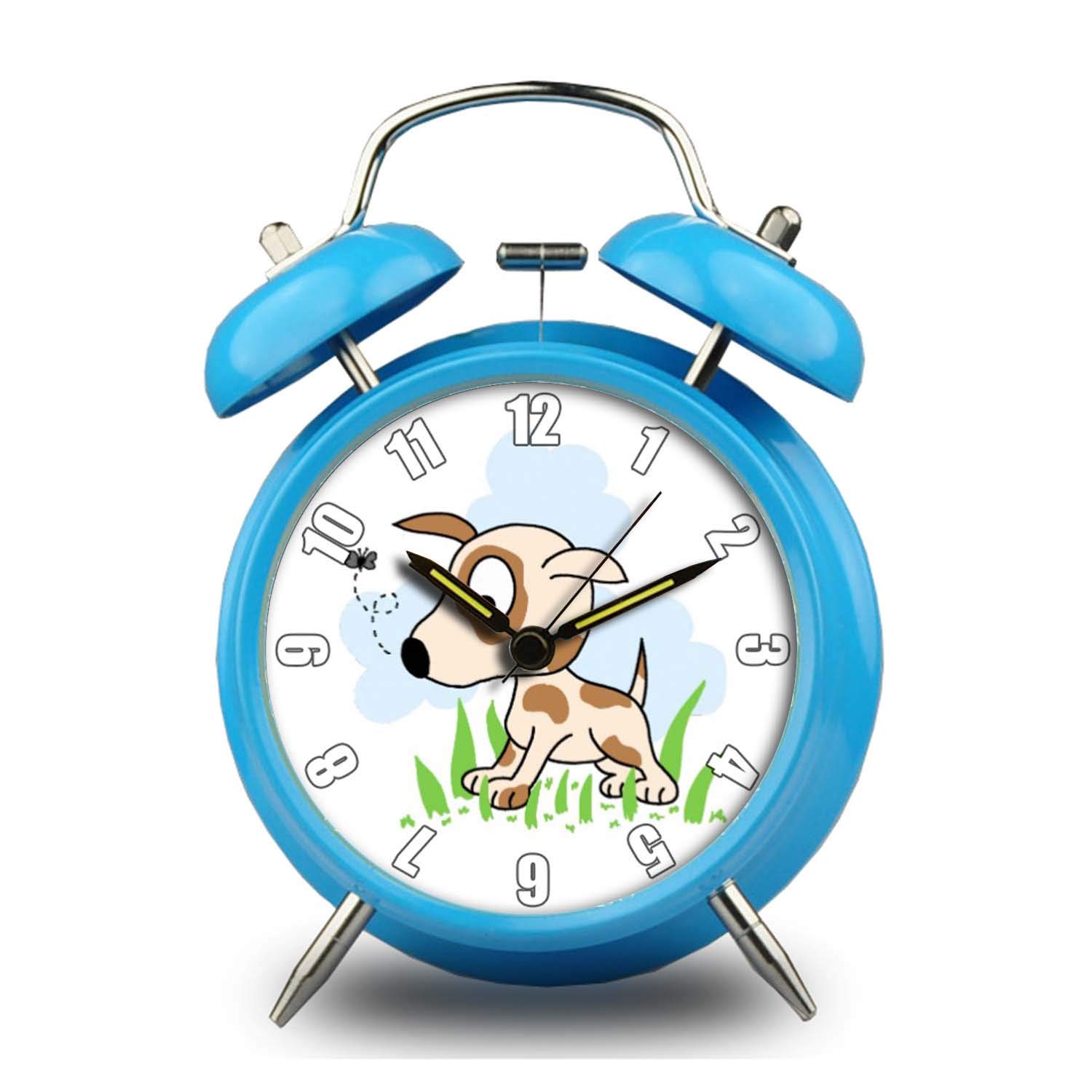 GIRLSIGHT Retro Double Bell Alarm Clock - 4 Colors, Cute Round Design, Loud Ringing, Portable for Kids | Perfect for Bedroom, Desk, Nursery Decor | Puppy Dog Chasing a Fly Blue Clock - Ideal Gift for Children