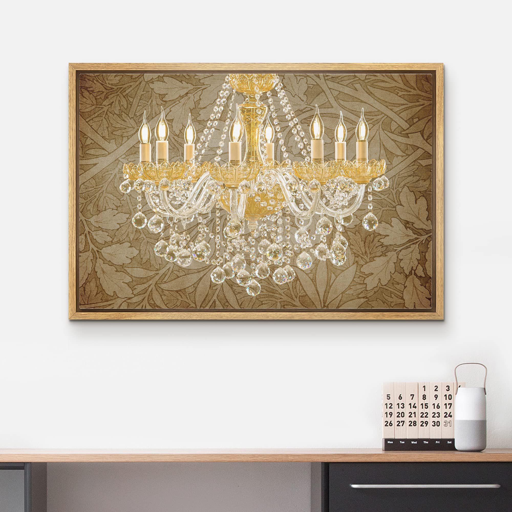 Wall26 Floral Gold Crystal Chandelier Framed Canvas Art Print - 24x36 Inch Modern Home Decor for Living Room, Bedroom, Office | Elegant Wall Art for Relaxation & Calming Atmosphere