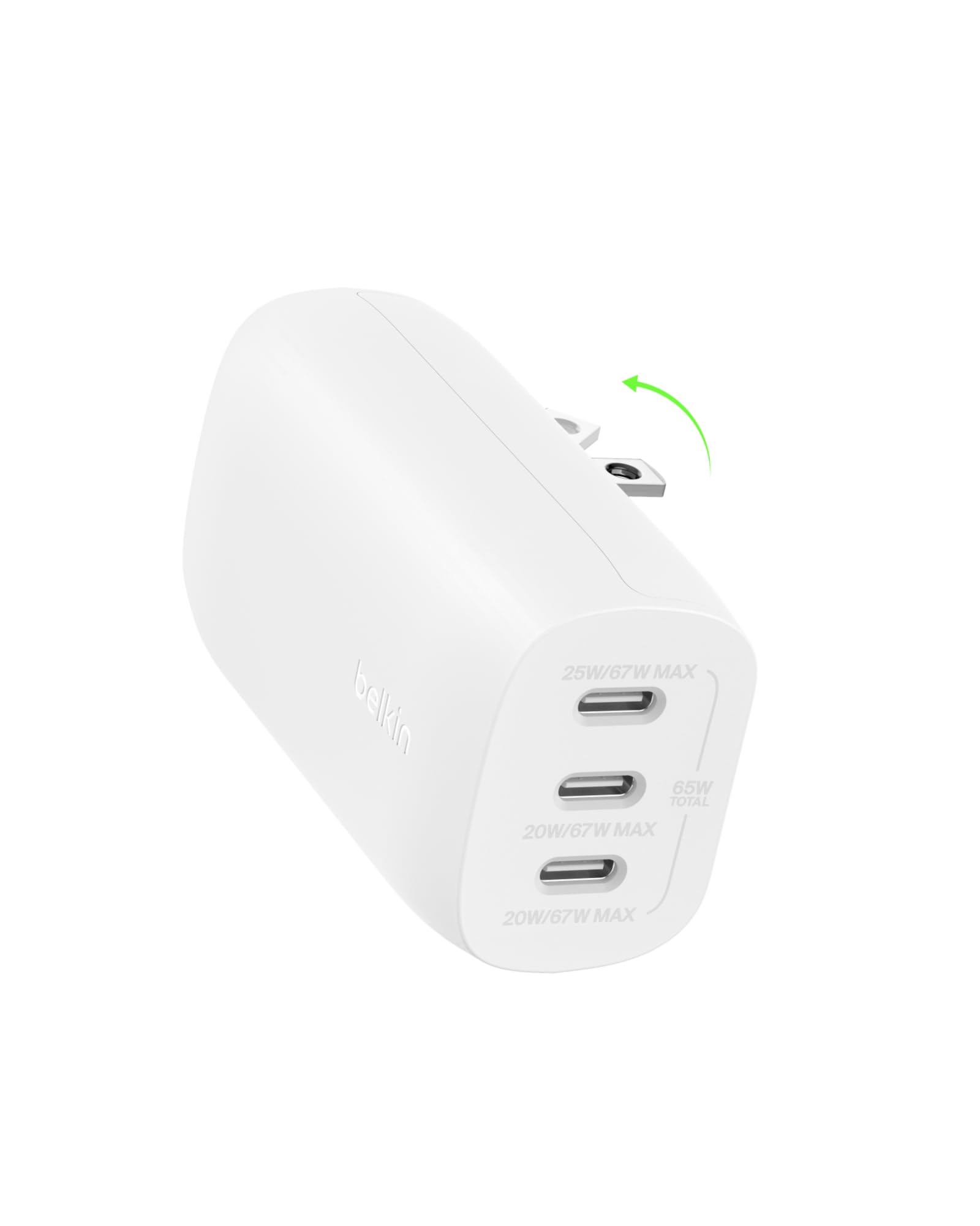 Belkin BoostCharge 3-Port 67W USB-C Wall Charger with PPS | Fast Charging for iPhone 16, MacBook Pro, AirPods, Galaxy S24, Nintendo Switch 2 | PD 3.1 Compatible | Compact Travel Charger for Home, Office & Hotel Use - White