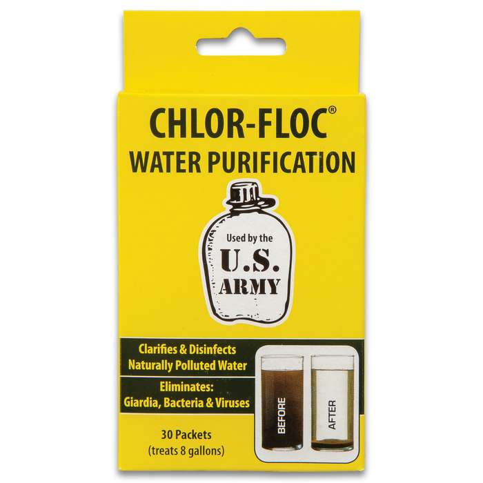 Chlor Floc Military Water Purification Powder - Emergency Water Treatment for Camping, Hiking & Survival Kits