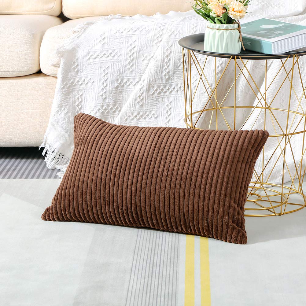 Artscope Cozy Striped Corduroy Pillow Covers - Super Soft Decorative Oblong Throw Pillow Cases (12x20 Inches, Brown) for Sofa, Couch, Bedroom & Car Decor | Perfect for Living Room Accents, Home Styling & Cozy Comfort