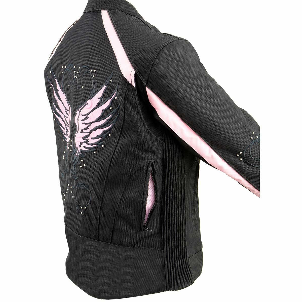 Milwaukee Leather SH1954 Women's Black Textile Motorcycle Jacket with Stud & Wings Detailing - Stylish Biker Jacket for Riding & Everyday Wear