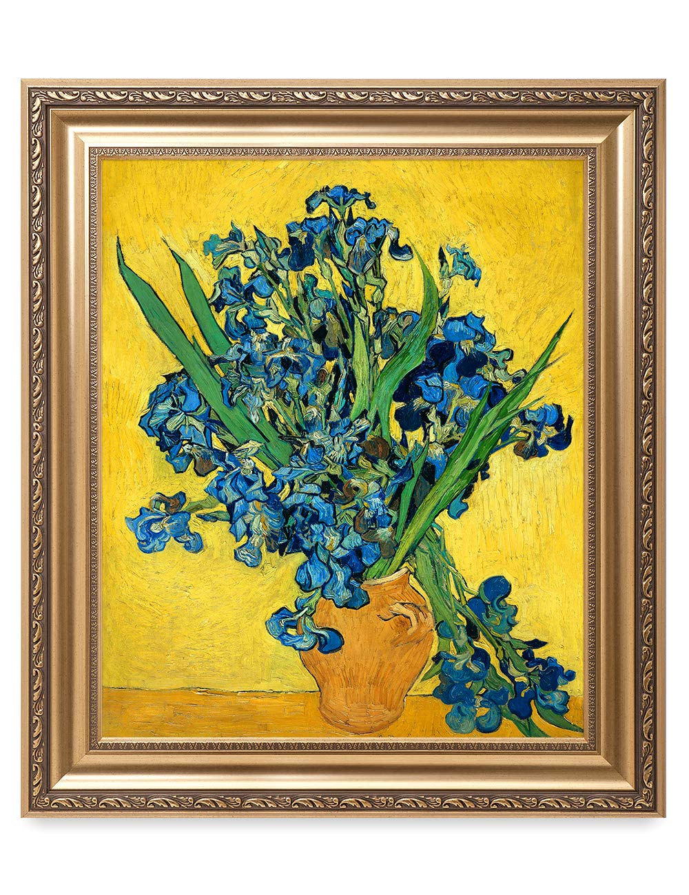 DECORARTS - Van Gogh Irises Vase Flower Giclee Canvas Print with Golden Relief Frame - 24x20 in Picture, 30x26 in Framed Size - Premium Wall Art for Living Room, Bedroom & Office Decor