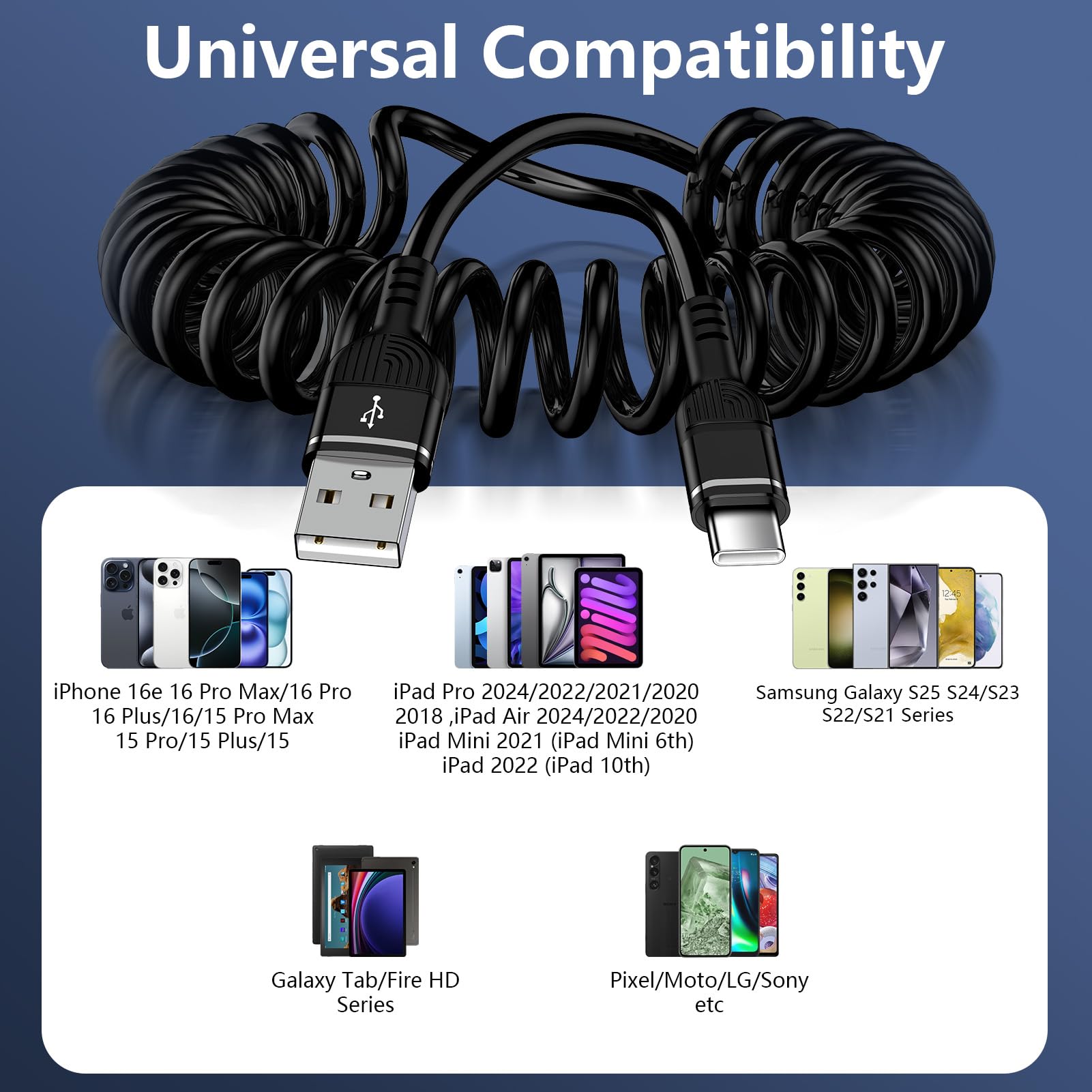 Premium 4FT Coiled USB-A to USB-C Car Charger Cable - Fast Charging Compatible with iPhone 16/16 Plus/16 Pro/16 Pro Max & Android Devices | Durable Curly Cord for Car, Home, Office & Travel Use