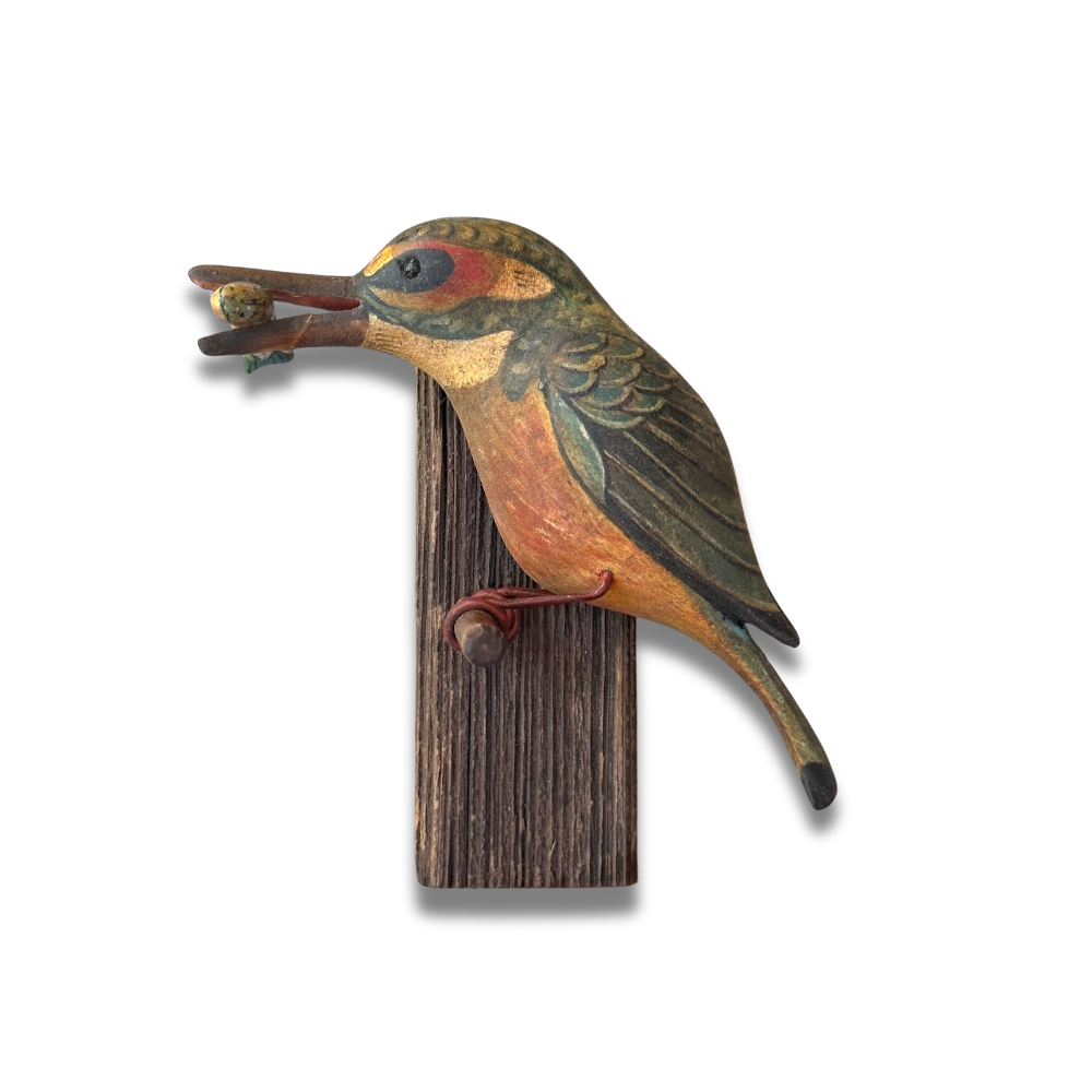 Handmade Black Forest Wooden Carved Bird with Fish Figurine (#537) - Unique Home Decor, Gift for Bird Lovers, Perfect for Shelf Display & Nature-Themed Interior Design