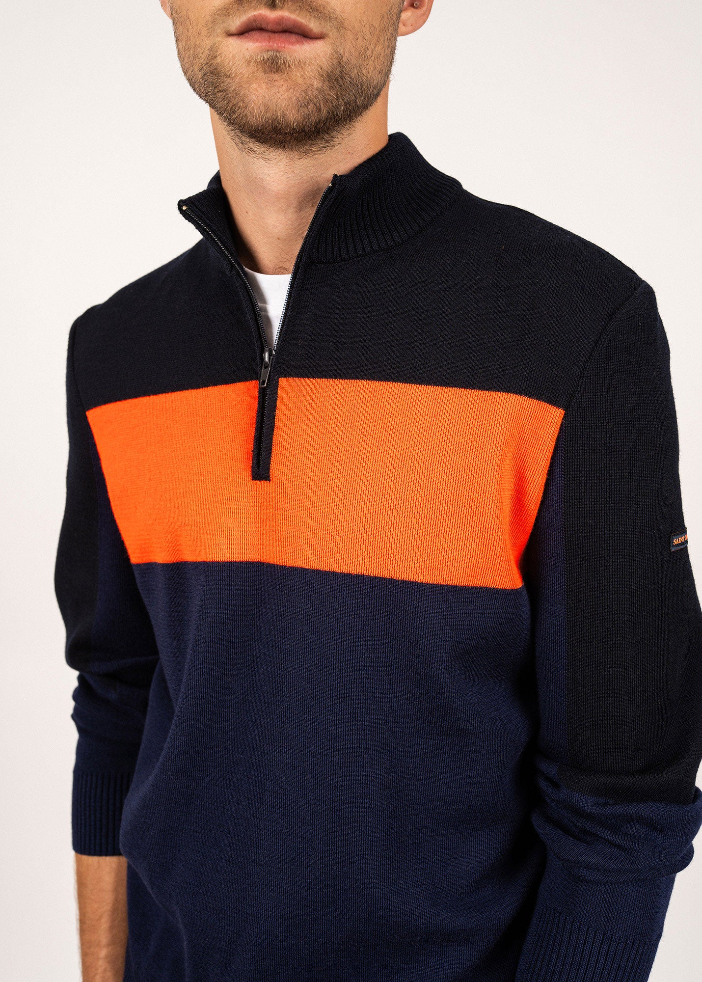 BAYEUX Men's 100% Wool Quarter Zip Sweater | Warm & Comfortable Pullover | Dark Blue, Navy, Neon Orange | Perfect for Outdoor Activities & Casual Wear