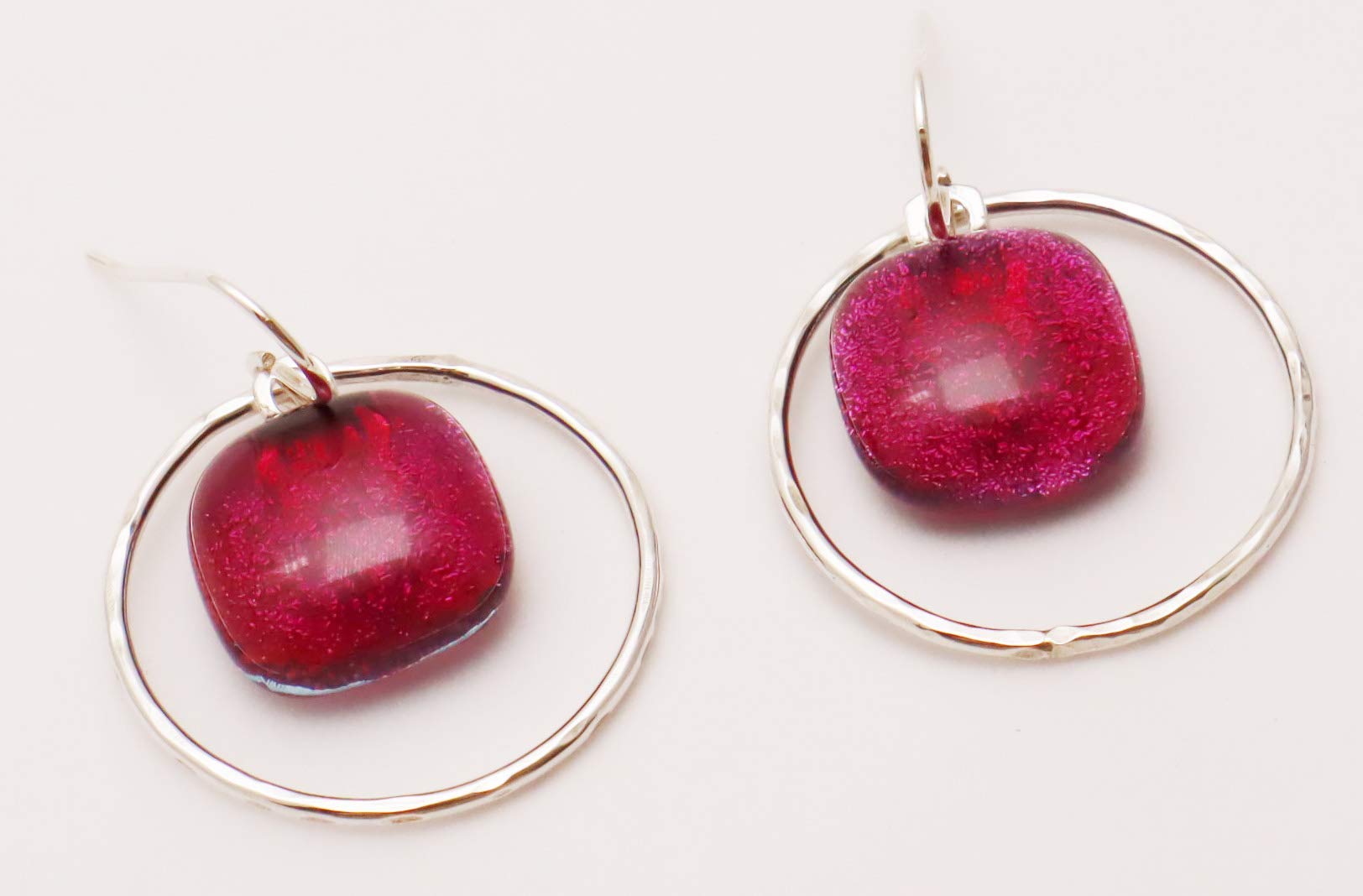 Sterling Silver Hammered Hoop Earrings with Fused Plum Rose Dichroic Glass - Elegant Dangle Earrings for Women, Perfect for Parties, Weddings & Everyday Wear