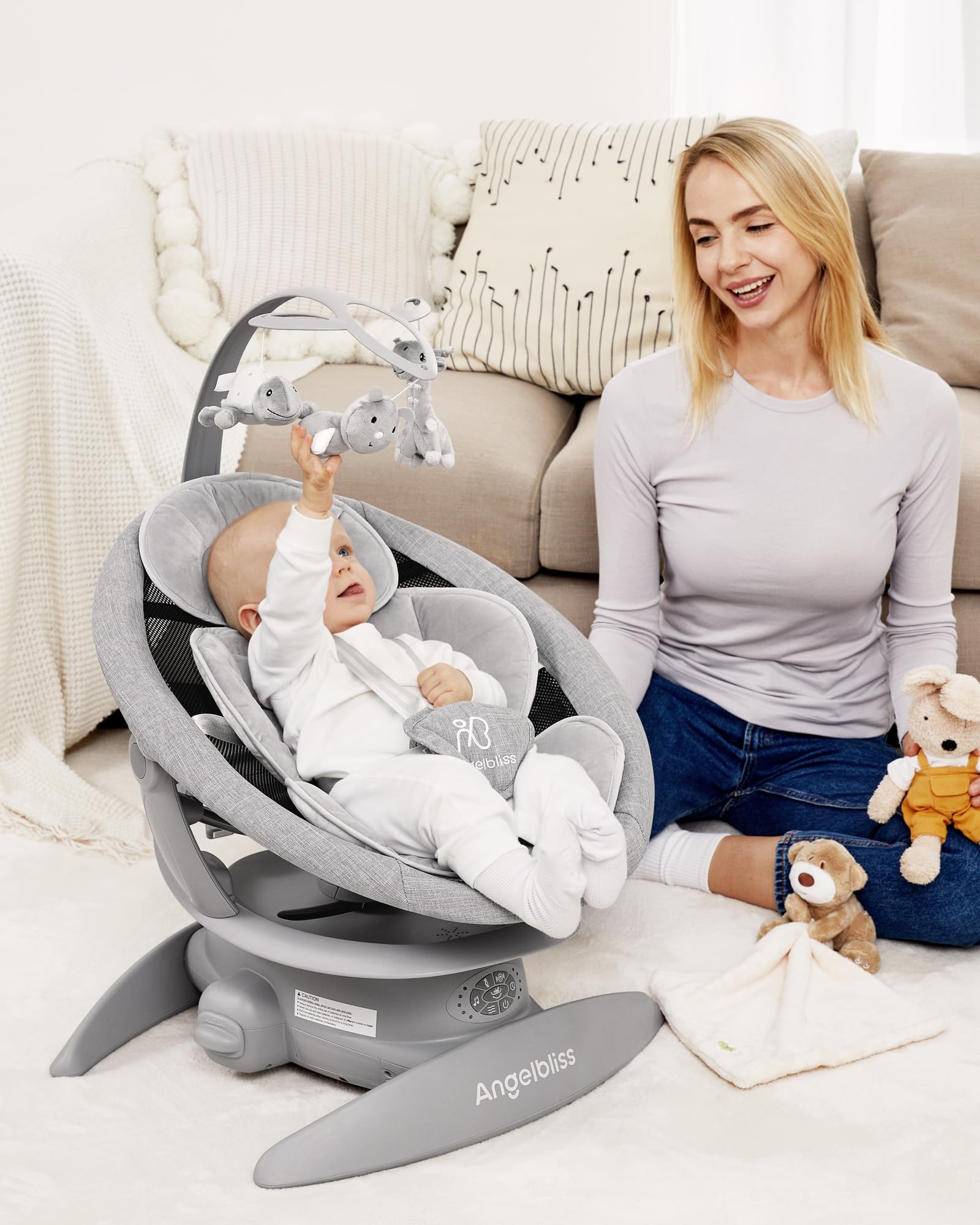 Angelbliss 3-in-1 Baby Swing with Motion Detection | Portable Infant Swing with Removable Rocker & Stationary Seat | Bluetooth Enabled with 3 Soothing Motions (Grey) | Perfect for Nursery, Travel & Calming Fussy Babies