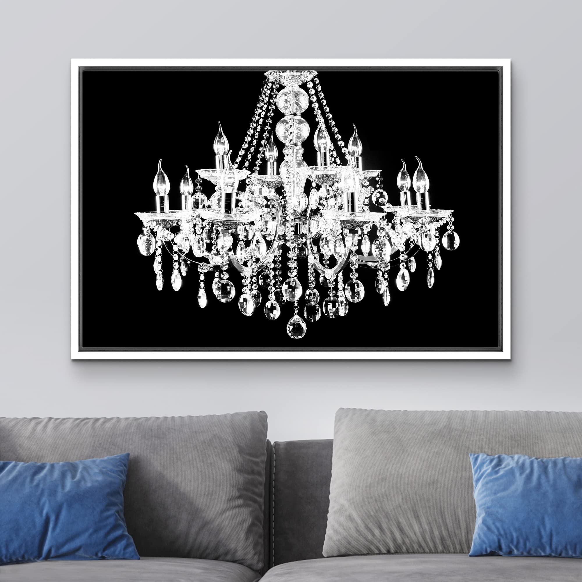 Wall26 Framed Canvas Print - Black & White Chandelier Silhouette Wall Art, Modern Digital Art for Living Room, Bedroom & Office Decor (24x36 Inches, White Frame) | Elegant Home & Workspace Decoration