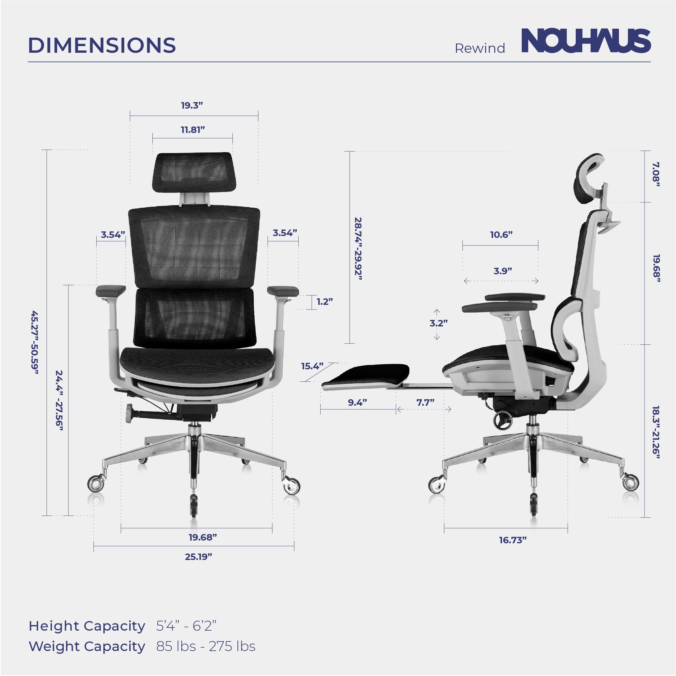 Nouhaus Rewind Ergonomic Office Chair with Adjustable Footrest & Lumbar Support - Swivel Mesh Computer Desk Chair with Wheels for Home Office - High Back Task Chair for Long Hours Work (Black) - Perfect for Remote Work, Gaming & Study Sessions