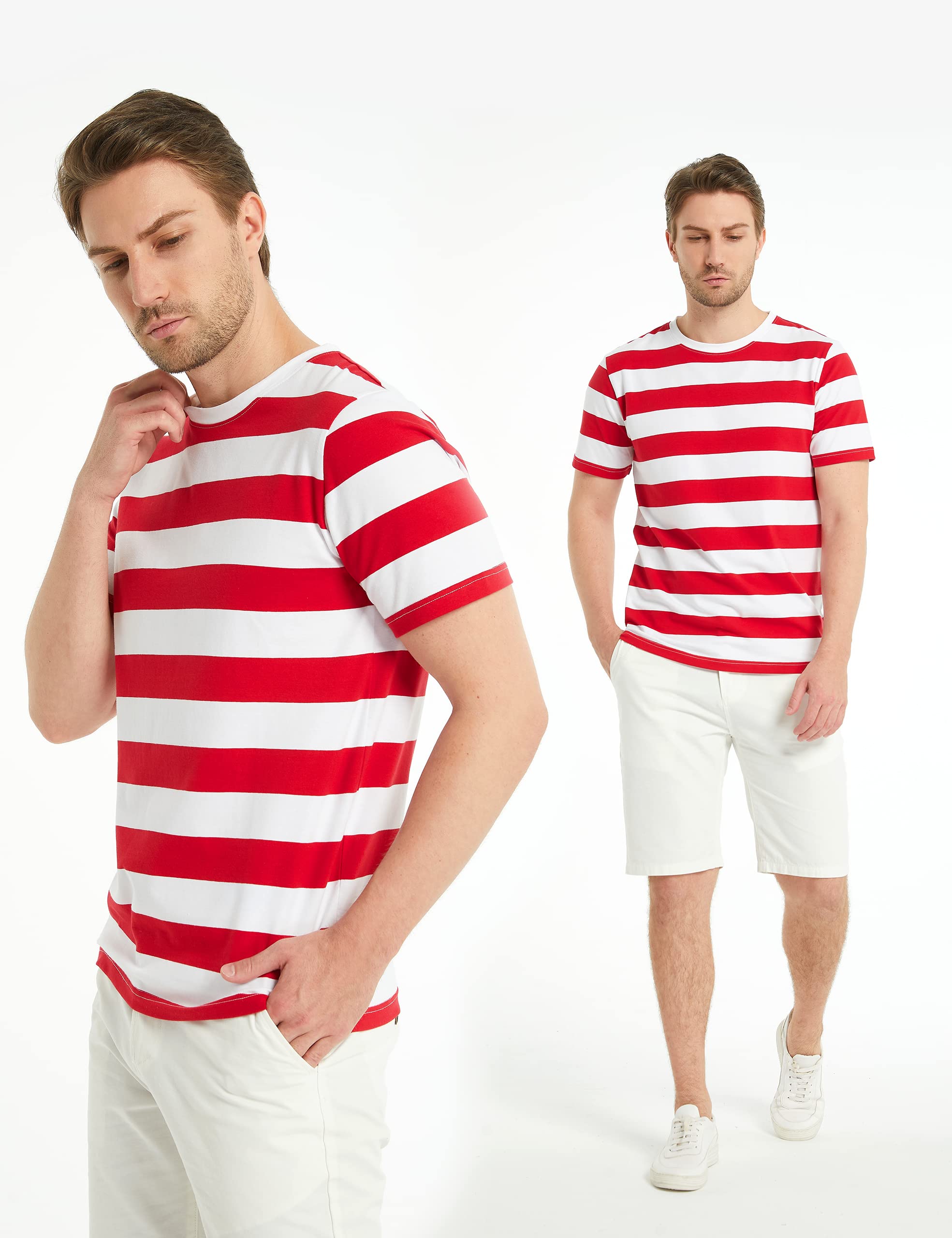 SSLR Men's Short Sleeve Striped T-Shirt - Red & White Crewneck Lightweight Casual Tee for Everyday Wear, Summer Outfits & Street Style Fashion
