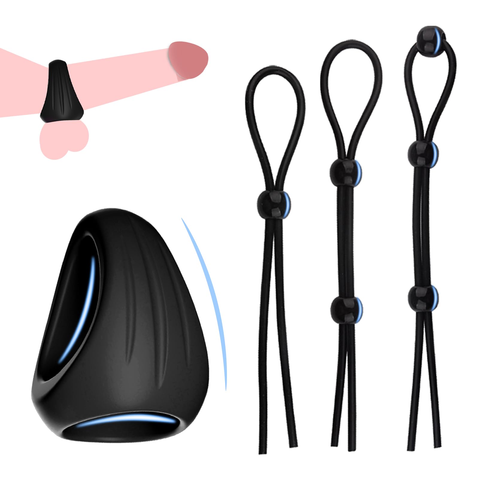 BDSMYOU Adjustable Silicone Penis and Testicle Rings for Men - 3 Pack Liquid Cock Ring Set, Stretchy Comfortable Cockring for Couples, Extreme Sex Toys (Black) - Enhance Pleasure and Stamina for Couples Play