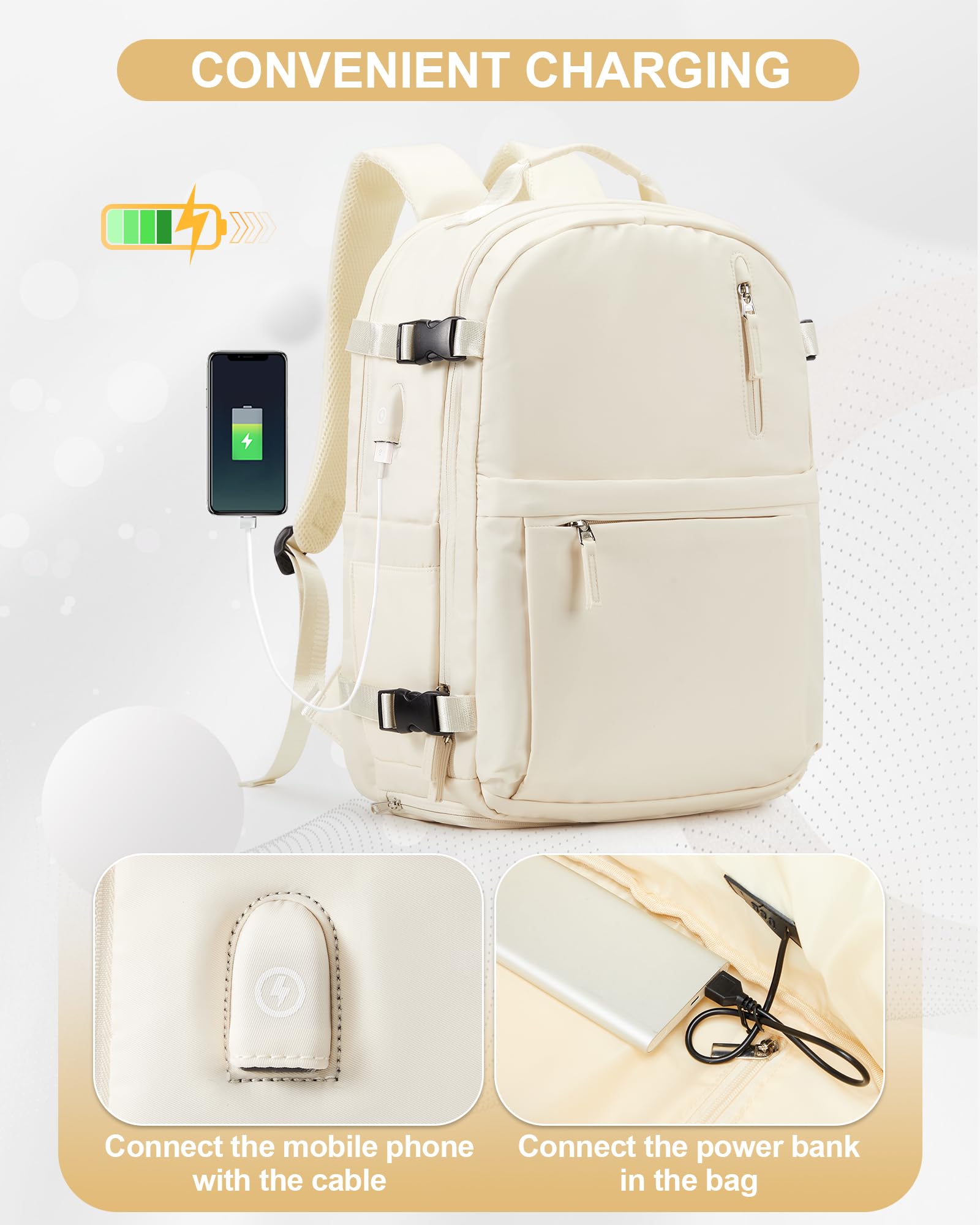 Lightweight Travel Backpack for Women & Men - Airline Approved Carry-On Backpack with USB Charging Port, Shoe Compartment & Waterproof Design (Beige) - Perfect for Air Travel, Commuting & Outdoor Adventures