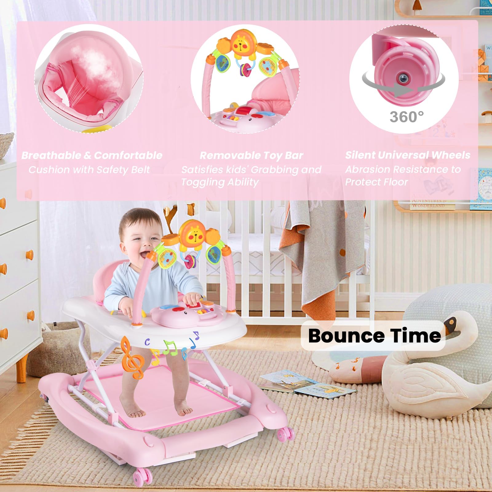5-in-1 Baby Walker for Boys & Girls 6-12 Months | Foldable Activity Walker with Adjustable Height, Removable Footrest & Feeding Tray | Infant Walker with Bouncer & Music | Perfect for Learning to Walk & Playtime at Home