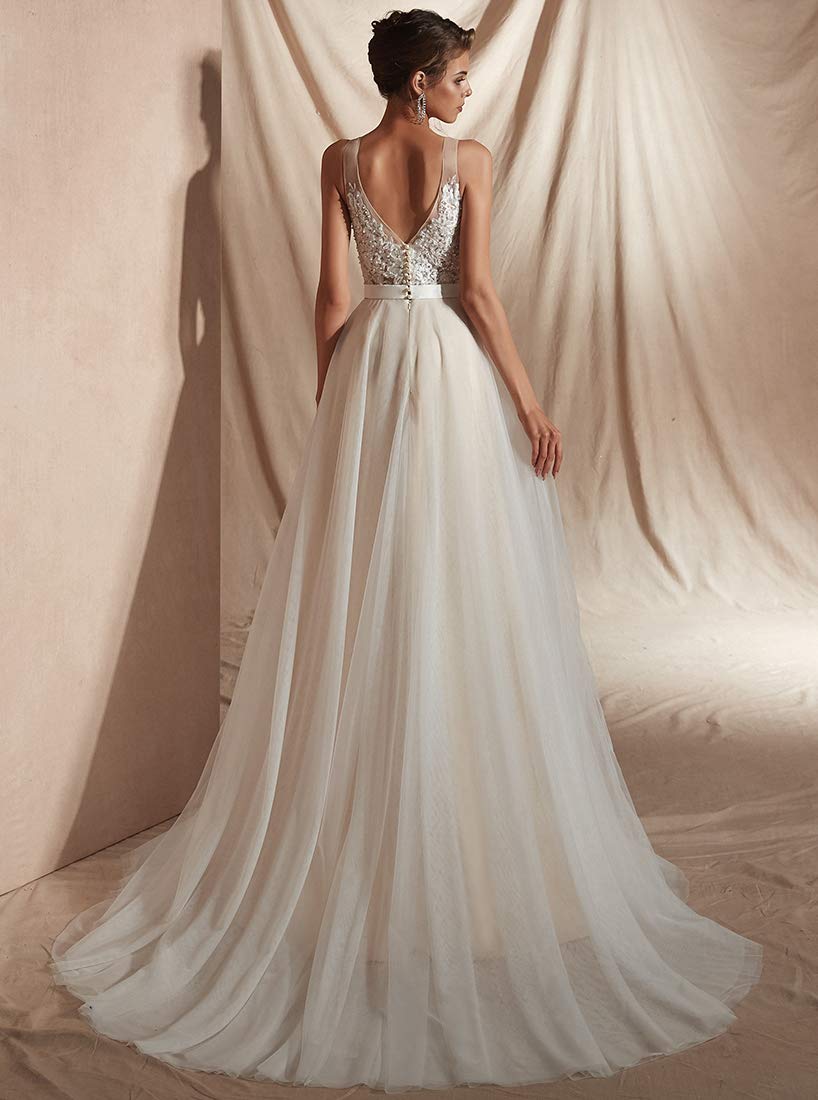 Elegant A-Line Lace Tulle Wedding Dress for Women - V-Neck Long Beach Bridal Gown | Perfect for Beach Weddings, Destination Ceremonies & Romantic Photoshoots