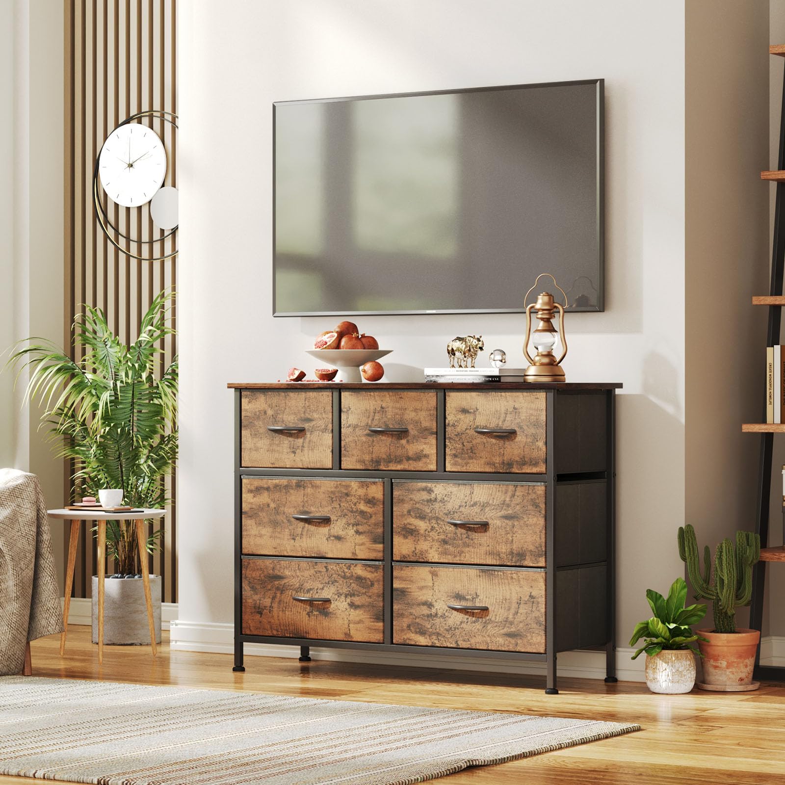 7-Drawer Rustic Brown Dresser with Wooden Top - Tall Fabric Storage Chest for Bedroom, Living Room, TV Stand, Closet & Entryway | Space-Saving Organizer for Clothes, Linens & Home Decor